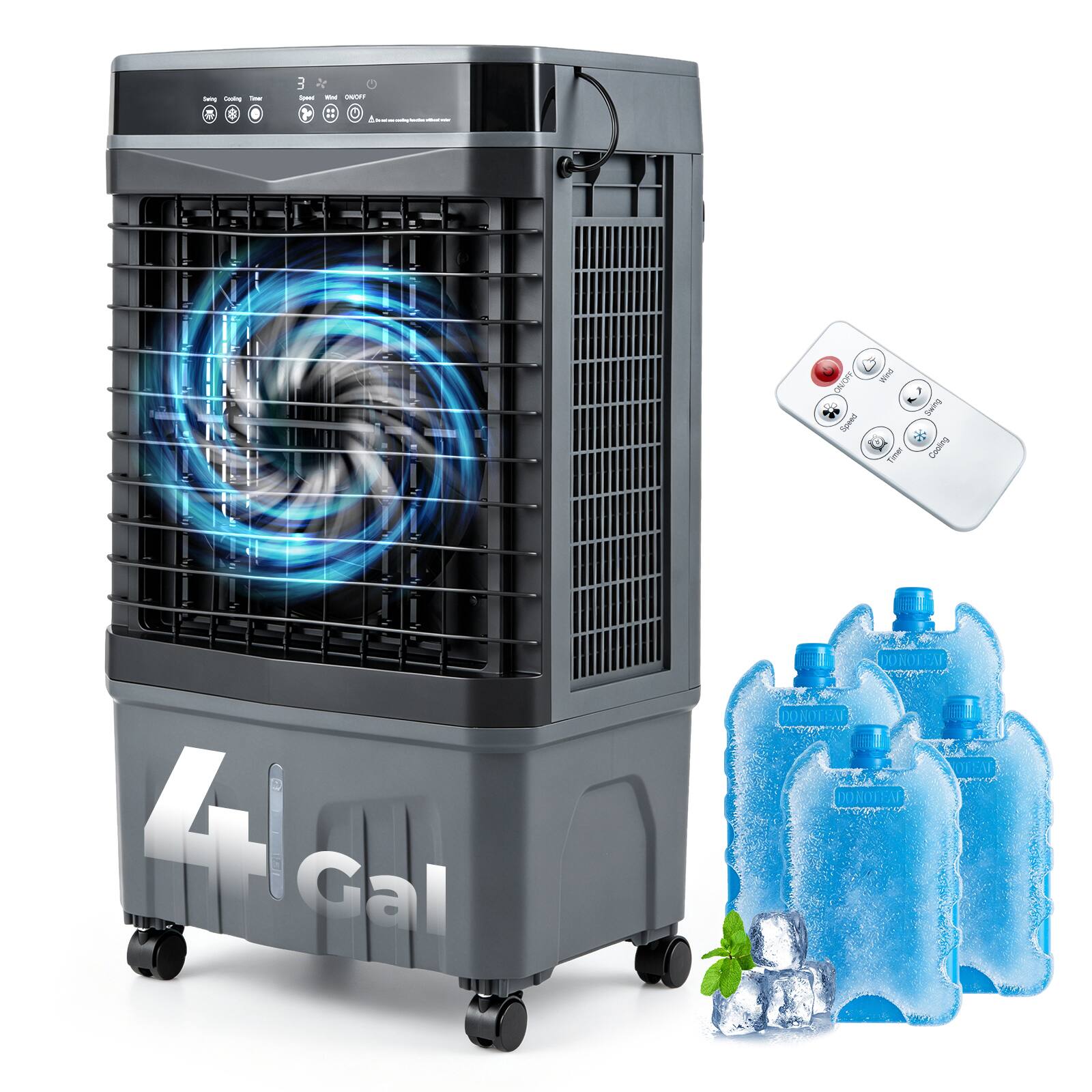 Costway - 1800 CFM Evaporative Air Cooler with 4 Gal Water Tank 2 Modes 3 Speeds 4 Ice Packs - Black
