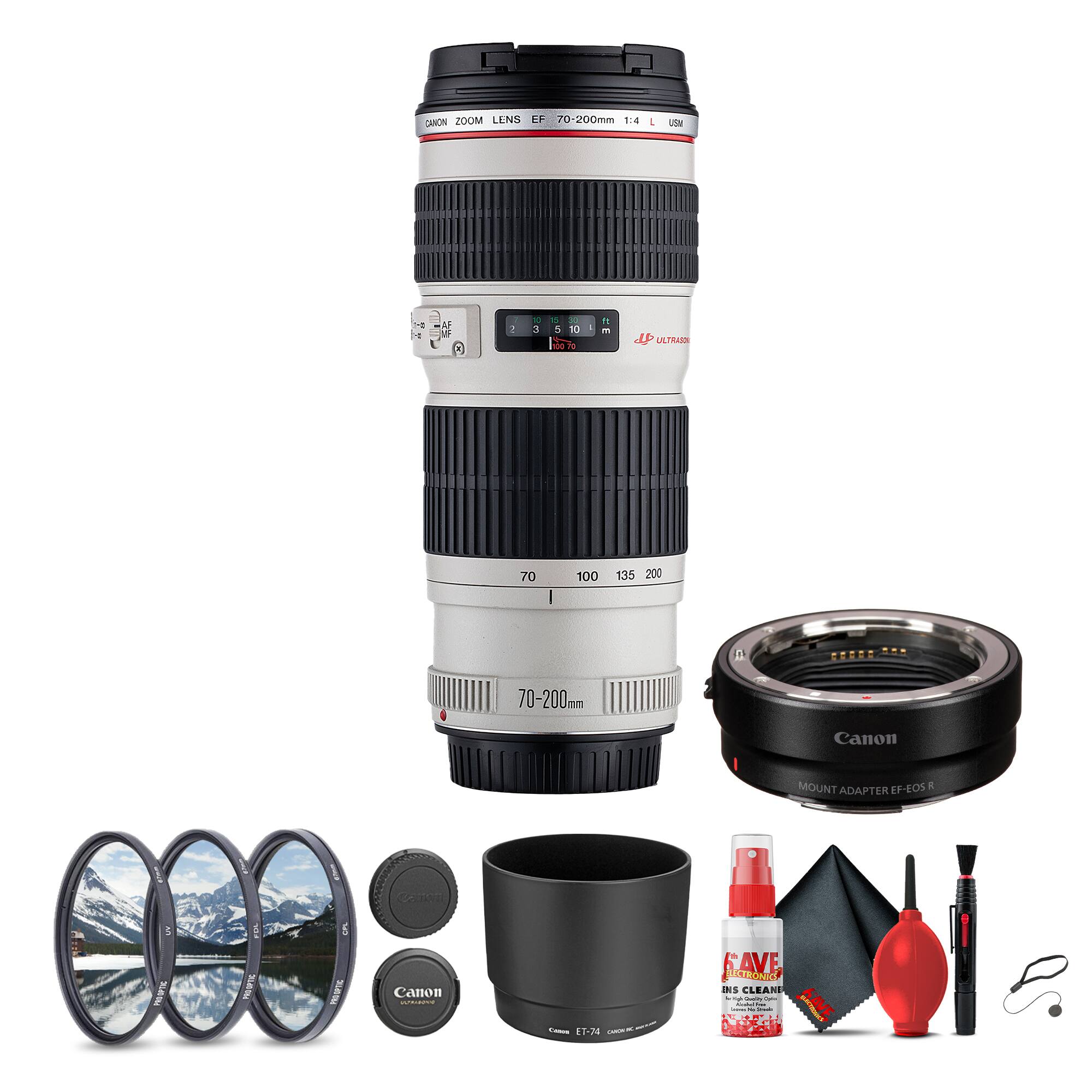CANON TOUM LENS EF 70-200mm f/4 & USM  
DEMI - 3 - 1 10 Fe Pg - + - LP LILTRABO 70 I 100 135 200  
70-200mm Canon MOUNT ADAPTER EF-EOS R  
Canon 17-28 AVE STRONIC INS CLEANE  
KAVE S.