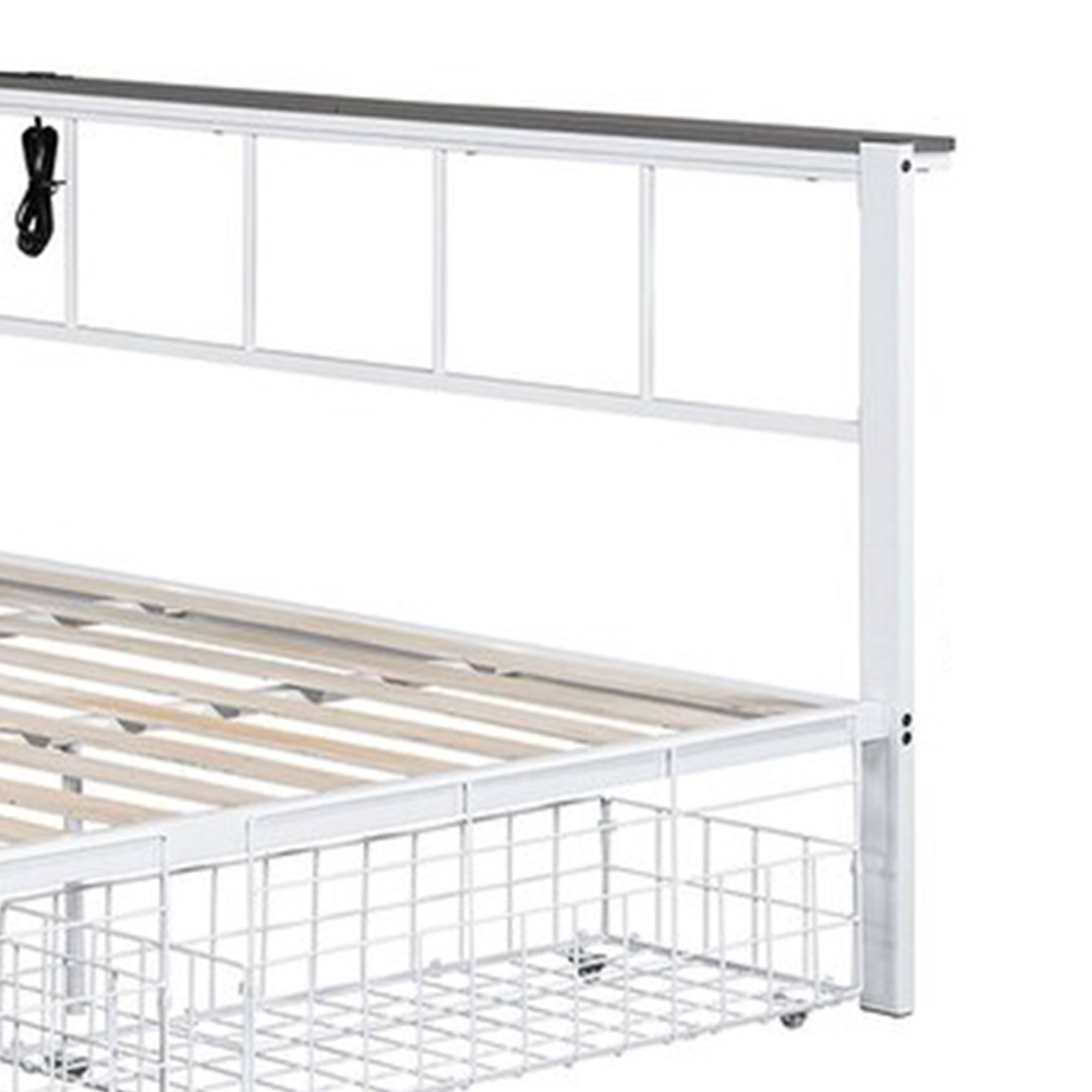 Left. Manhattan Lane - Nix Queen Size Bed w Underbed Storage, Slatted White Metal Headboard - White.