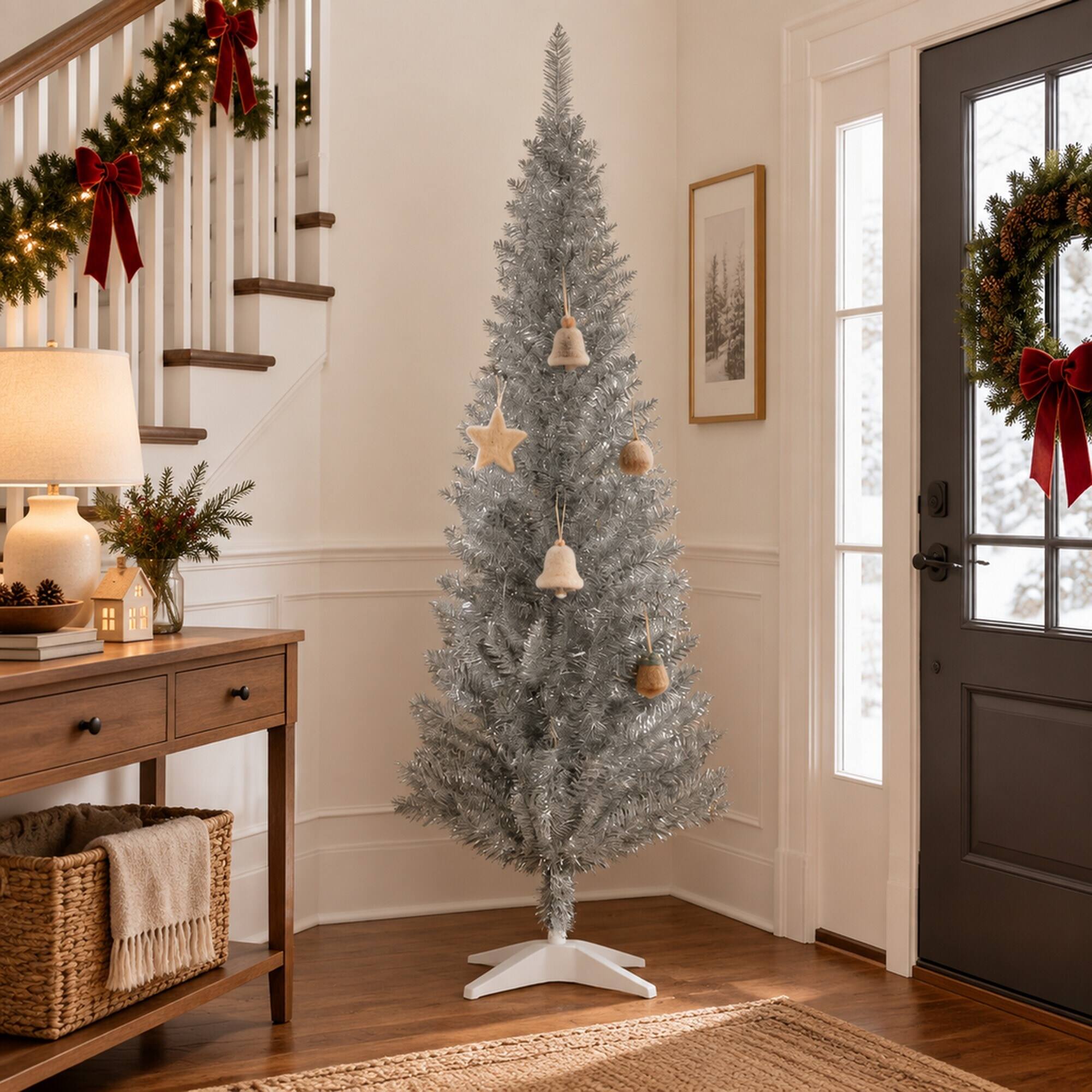 Alt View 1. RYHNUYNE - 5FT Pencil Artificial Christmas Tree With Realistic Tips and Sturdy Stand - Silver.