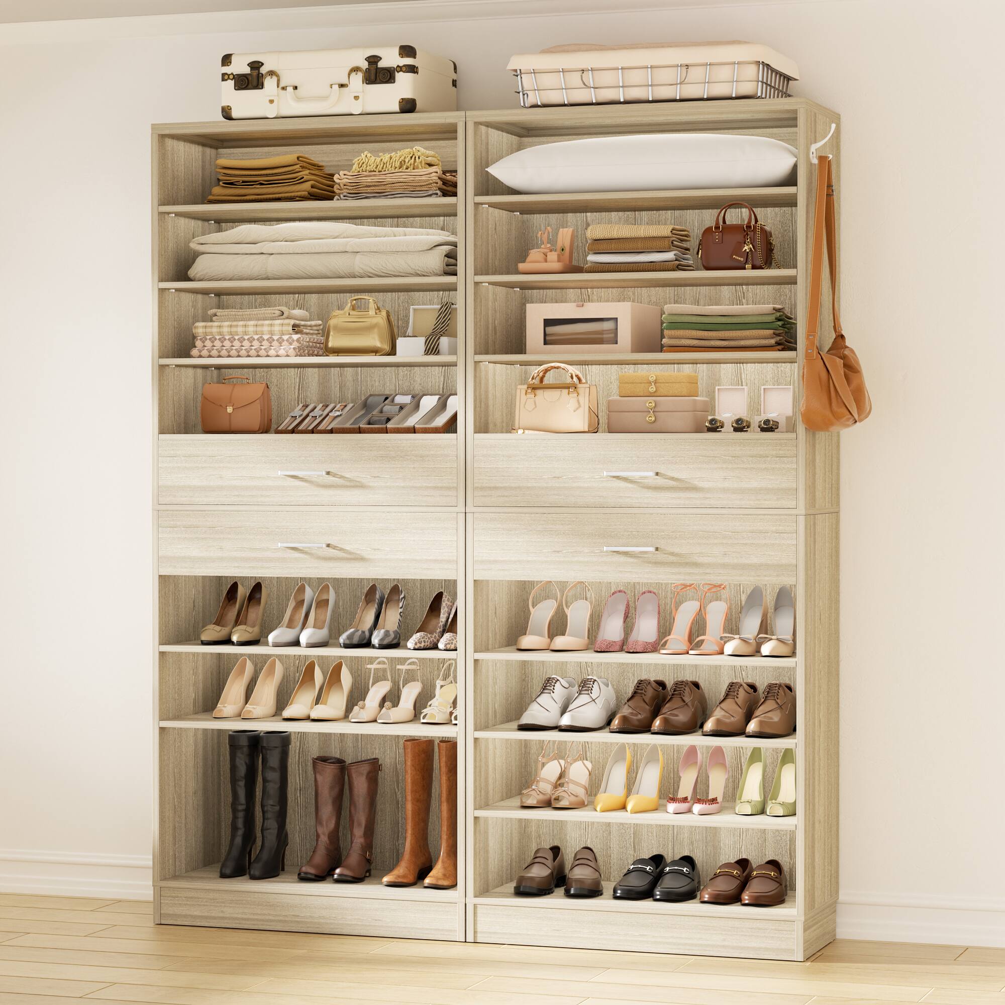 Angle. Aheaplus - 2-Pack : 10-Tier Wood Shoe Cabinet, Space Saving Narrow Rack w/ 2 Drawers for 24-29 Pairs Each, Entryway/Closet Storage - White Oak.