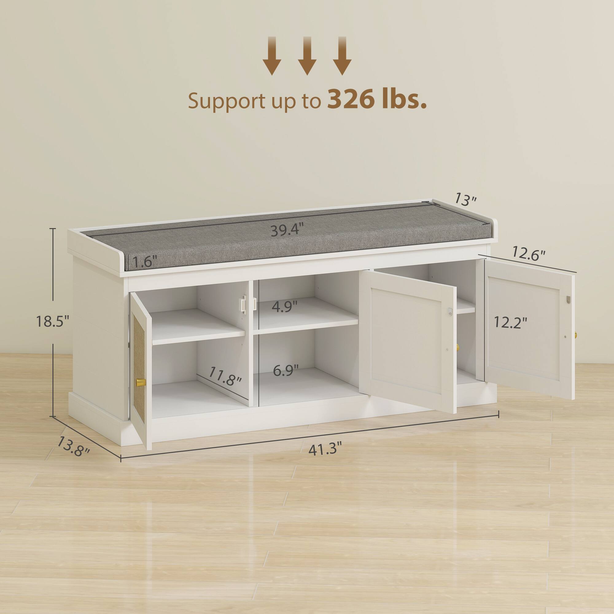 Support up to 326 lbs.  
1.6"  
39.4"  
13"  
12.6"  
18.5"  
4.9"  
12.2"  
11.8"  
6.9"  
13.8"  
41.3"