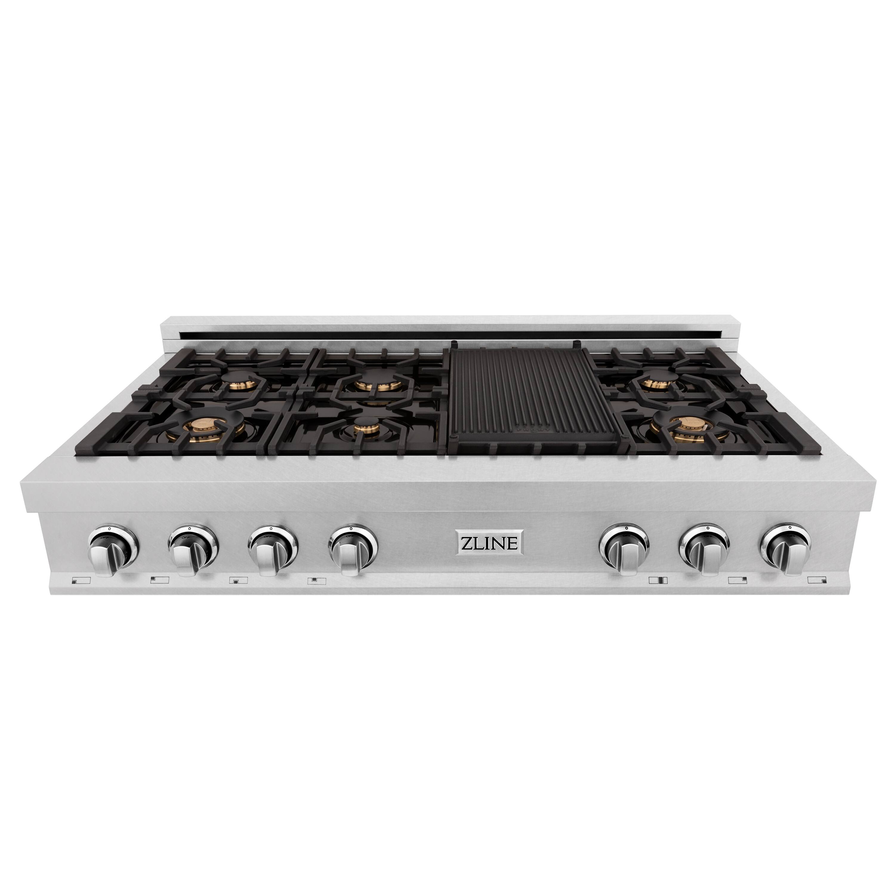 Alt View 2. ZLINE - ZLINE 48 in. Legacy Gas Rangetop with 6 Brass Burners and Porcelain Cooktop in Satin Stainless Steel (RTS-BR-48) - Satin Stainless Steel.