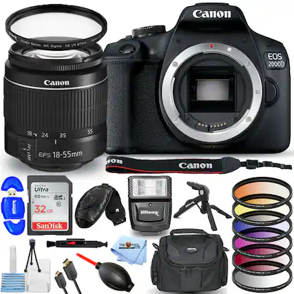 Canon Studio J2 Series MC HD UV 67mm Digital
Canon EOS 2000D
Canon EF-S 18-55mm
SanDisk Ultra 80 MB/s 32 GB
Ultimax
Canon Strap
Canon Lens Hood
Canon Tripod
Canon Lens Cap
Canon Cleaning Kit
Canon Camera Bag
Canon Filters