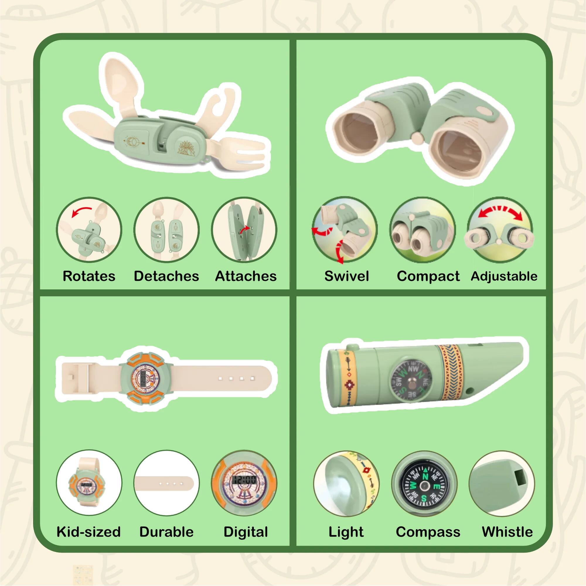- Rotates
- Detaches
- Attaches
- Swivel
- Compact
- Adjustable
- Kid-sized
- Durable
- Digital
- Light
- Compass
- Whistle