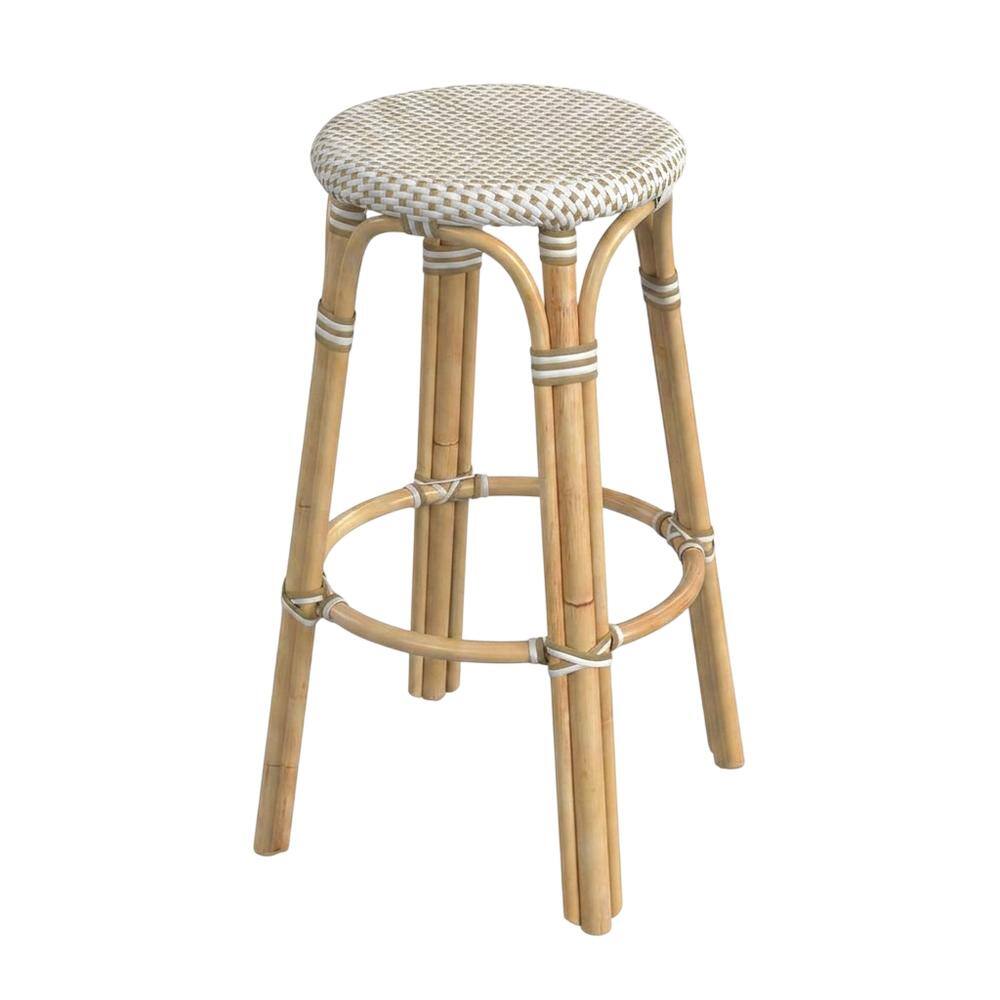 Angle. Butler Specialty - Tobias Round Rattan 30" Bar Stool - White And Tan Dot.