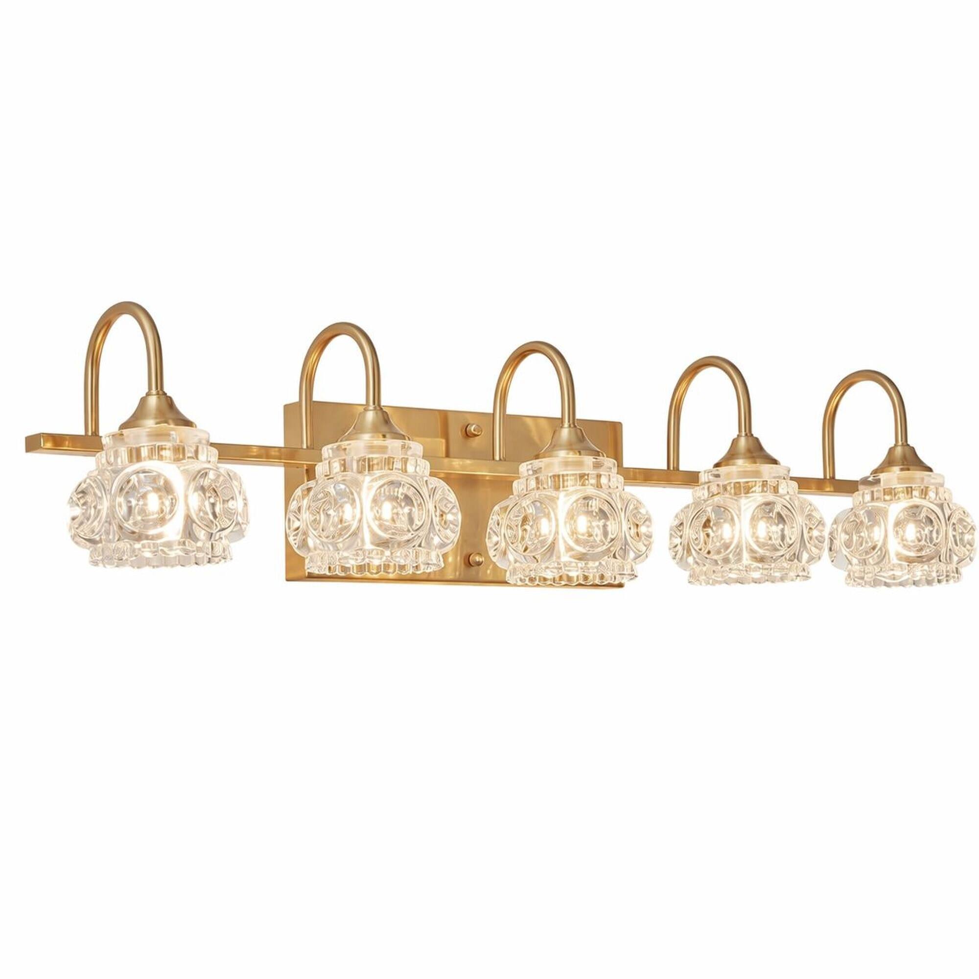 Front. RYHNUYNE - 5‑Light Bathroom Vanity Light,29" Black Iron Wall Sconce with Clear Crystal Shades for Bathroom - Gold.