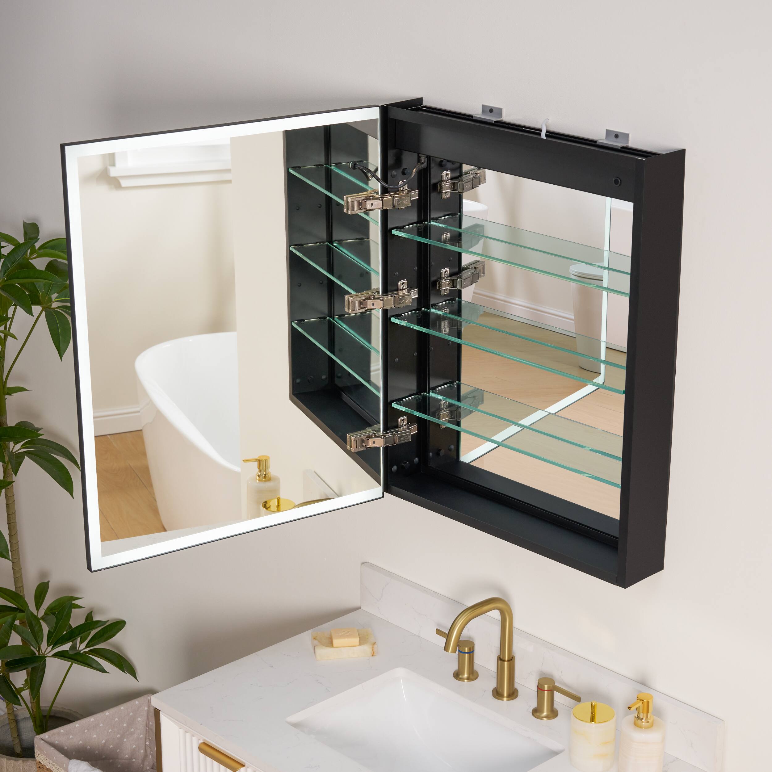 Left. WELLFOR - 24 in. W x 30 in. H Rectangular Aluminum Recessed/Surface Mount LED Medicine Cabinet with Mirror, Left Open - Silver.