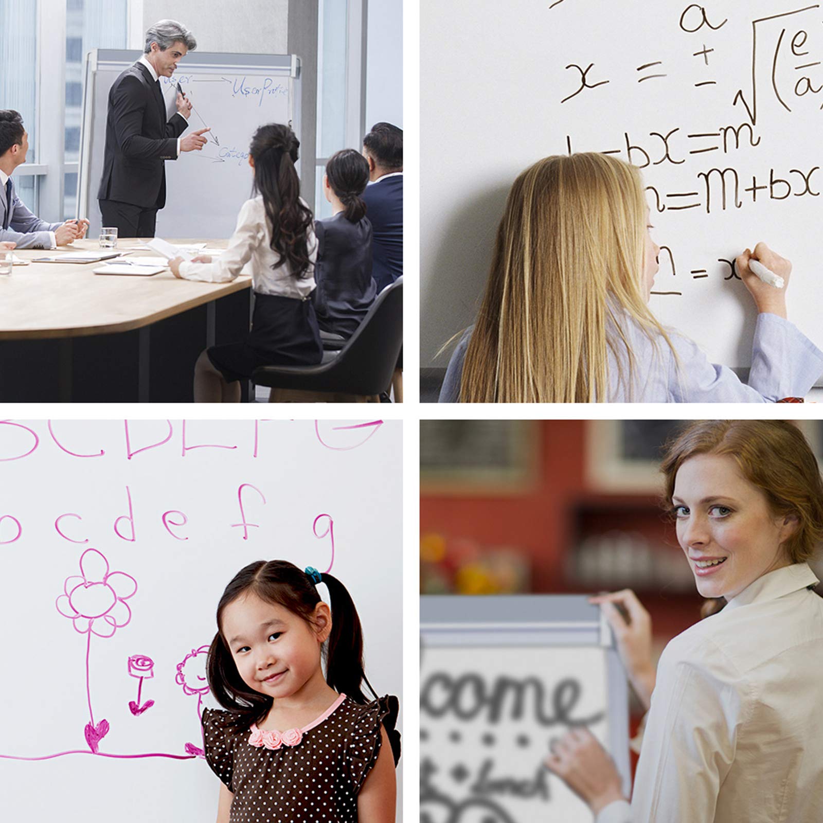 Sure, here is the corrected and grouped text from the image:

1. **Business Meeting:**
   - "User Person"
   - "Gather"

2. **Mathematical Equations:**
   - "x = ± √(a² + e)"
   - "m - bx = m"
   - "n = m + bx"
   - "n = x"

3. **Alphabet:**
   - "A B C D E F G"
   - "a b c d e f g"

4. **Child's Drawing:**
   - "come"

5. **Signage:**
   - "come"