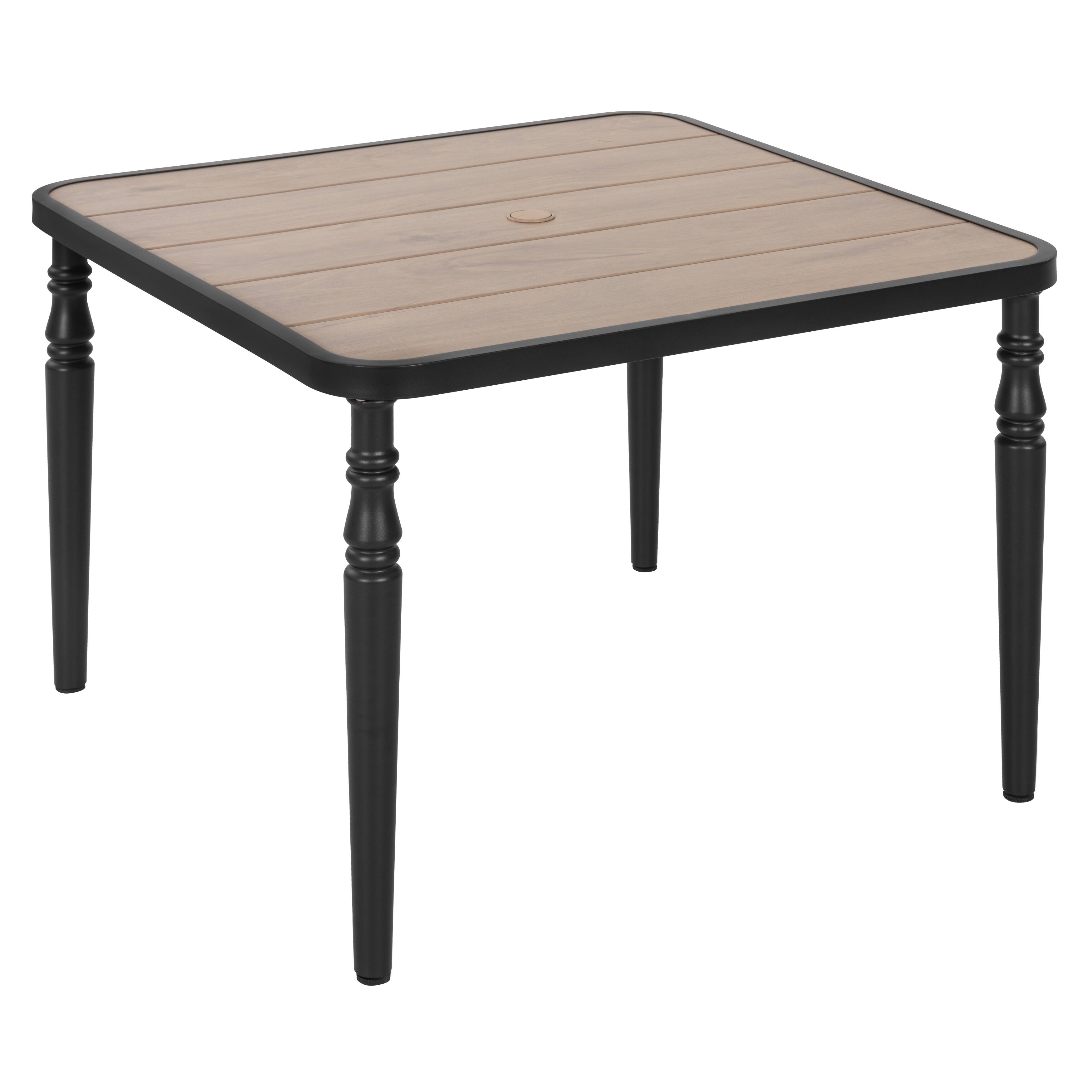 Alt View 6. Nuu Garden - Outdoor 37" Square Metal Dining Table with 1.6'' Umbrella Hole, Wood-Grain Tabletop - Black and wood-grain finish.