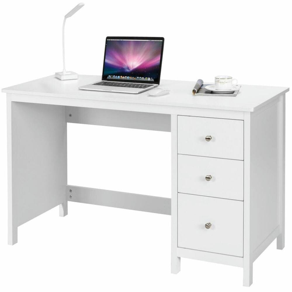 Back. Pefilos - 3-Drawer Home Office Study Computer Desk with Spacious Desktop-White, Office Desk, Gaming Computer Desks for Study - White.