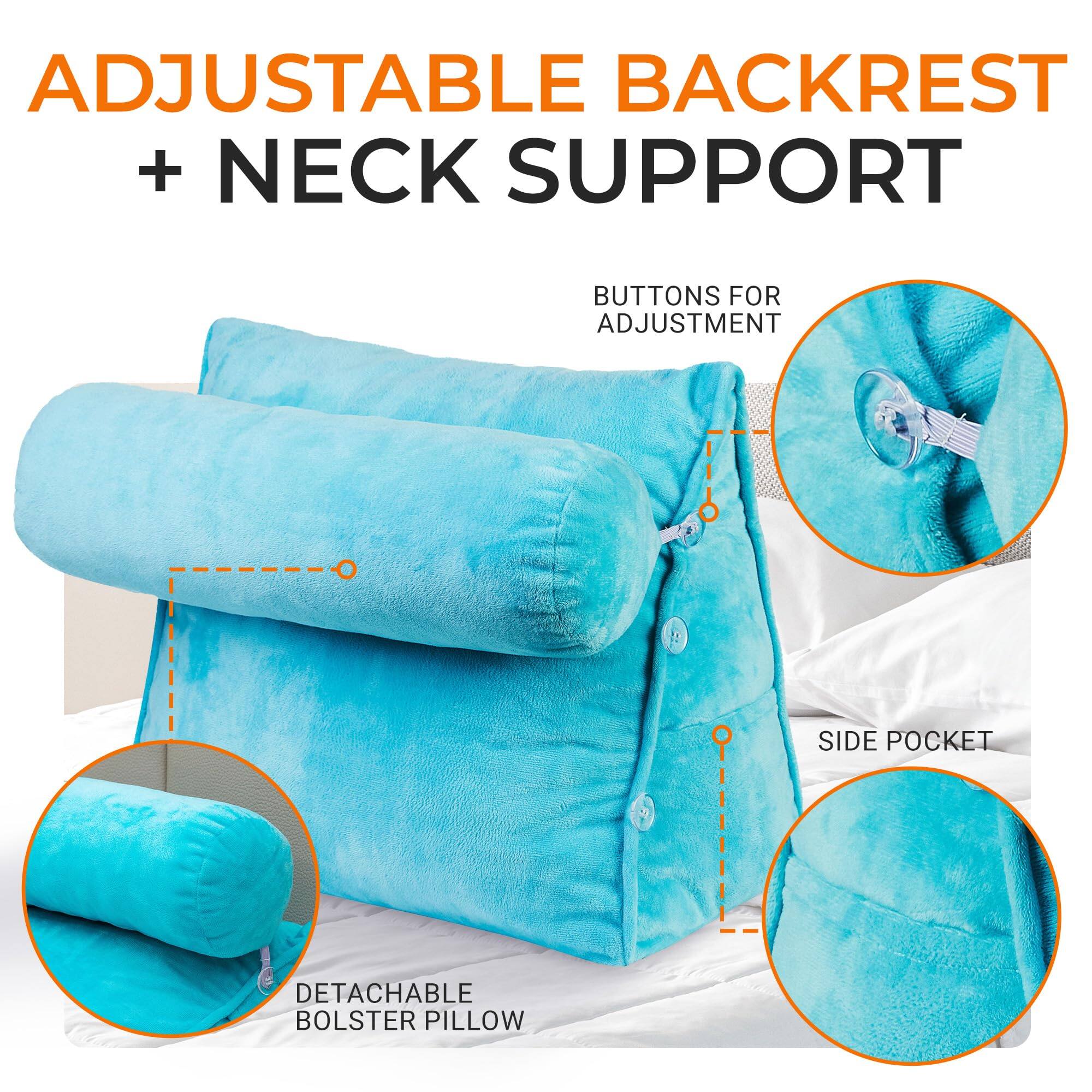 ADJUSTABLE BACKREST + NECK SUPPORT  
BUTTONS FOR ADJUSTMENT  
SIDE POCKET  
DETACHABLE BOLSTER PILLOW