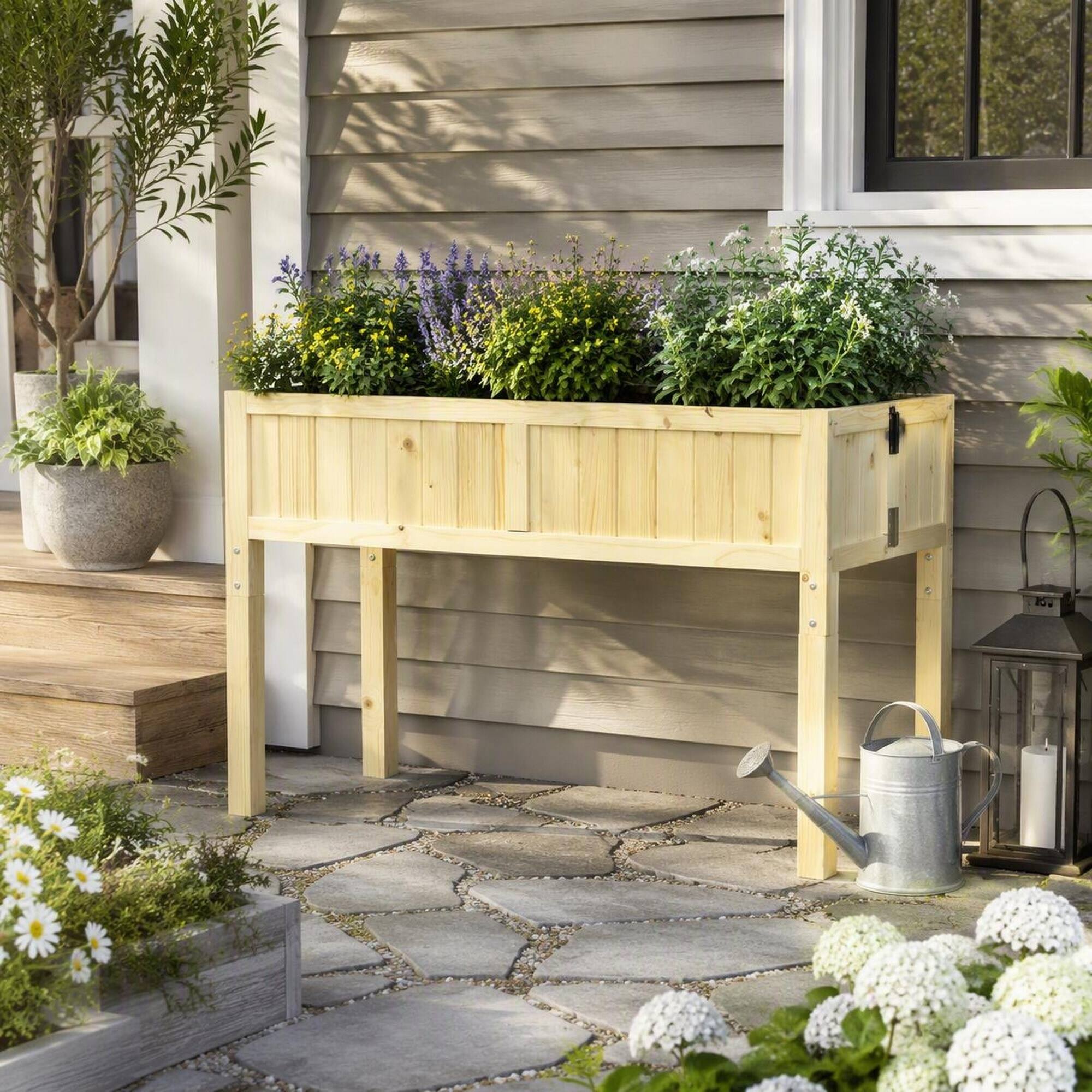 Left. RYHNUYNE - Elevated Wooden Raised Garden Bed with Folding Fir Wood Planter Box for Patio, Balcony, and Outdoor Use - Natural.