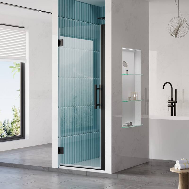 Angle. WELLFOR - 28–29 in. W x 72 in. H Frameless Hinged Shower Door with 3/8" Clear Tempered Glass, Reversible Opening - Matte Black.