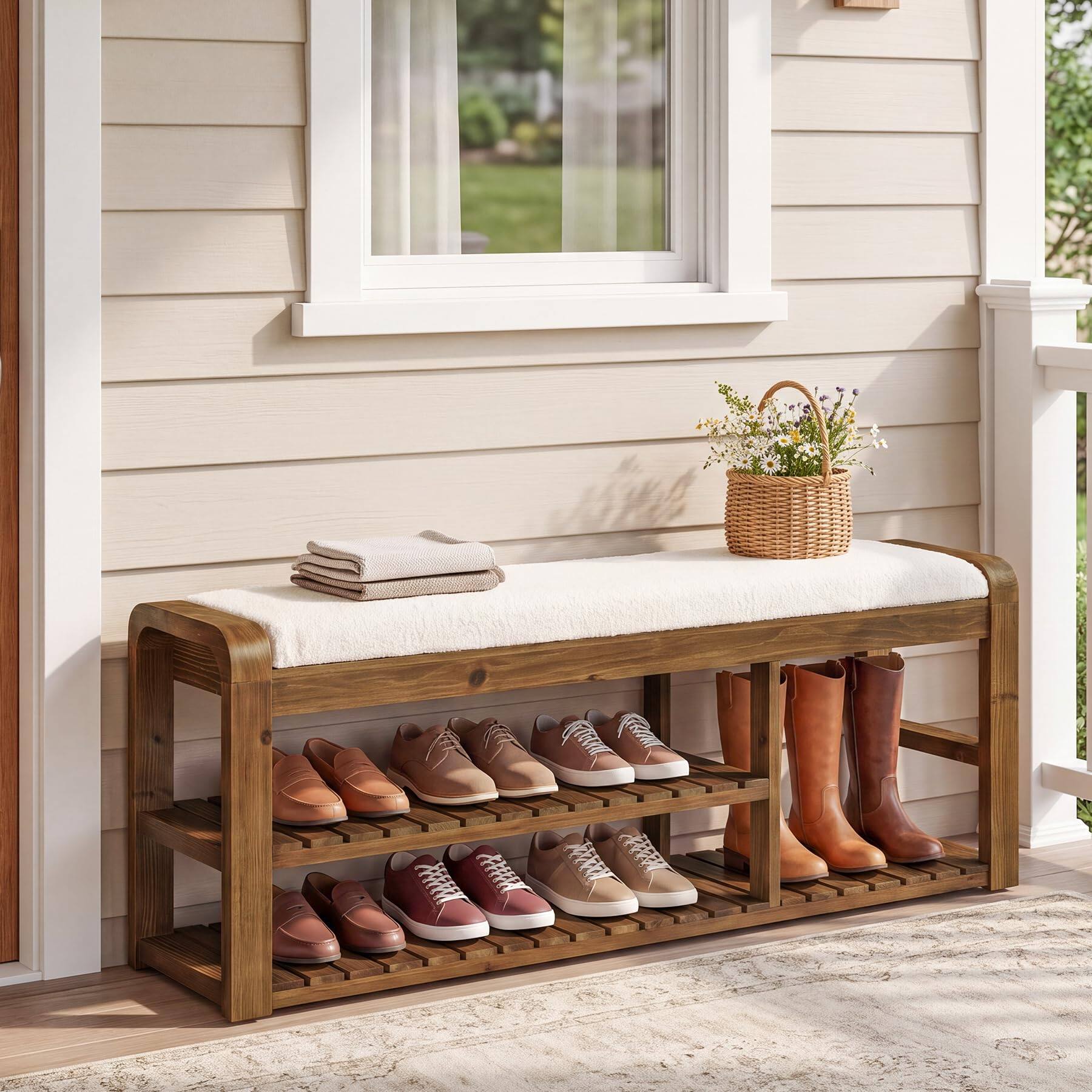 Alt View 1. Tribesigns - Storage Bench with Cushion, 55" Solid Wood Entryway Shoe Rack - Rustic Brown.