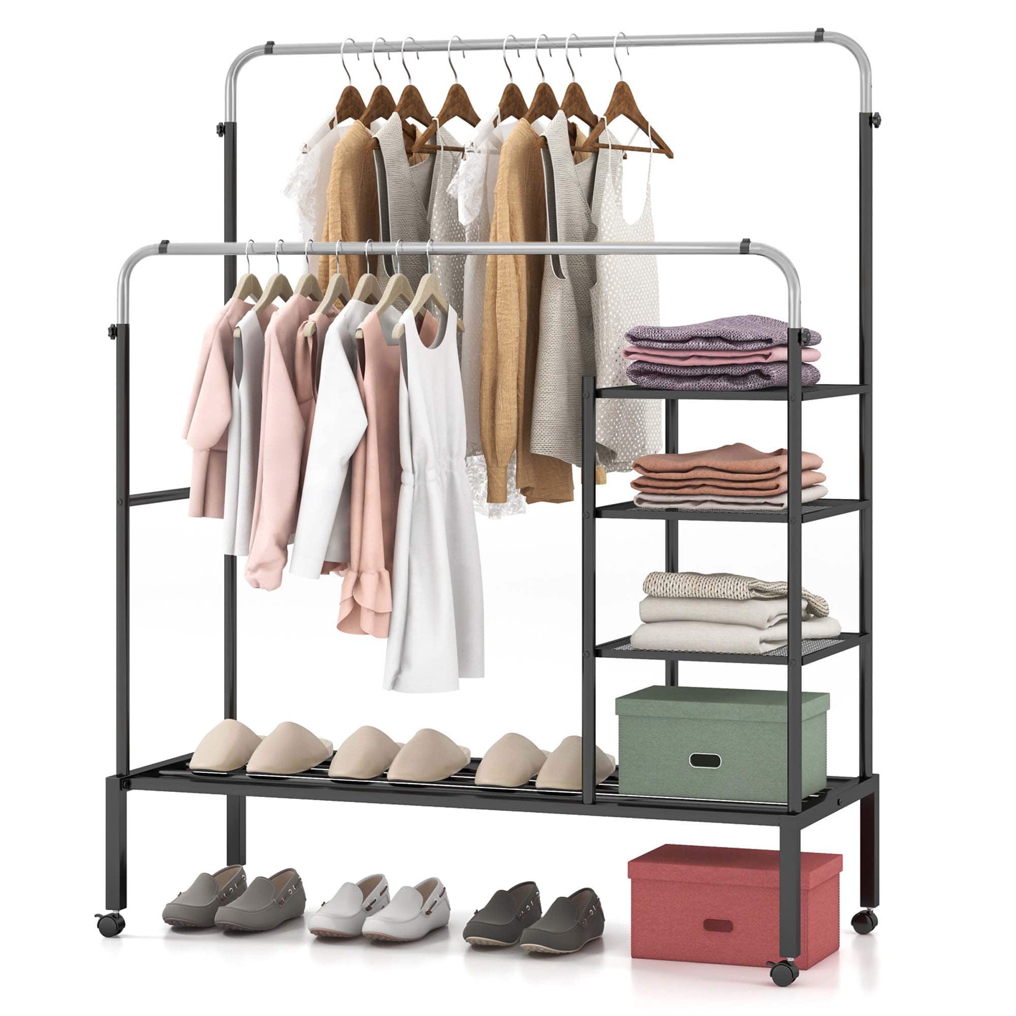 Front. Costway - Costway Rolling Clothes Drying Rack Double Rods Garment Rack with Height Adjustables Silver - Silver.