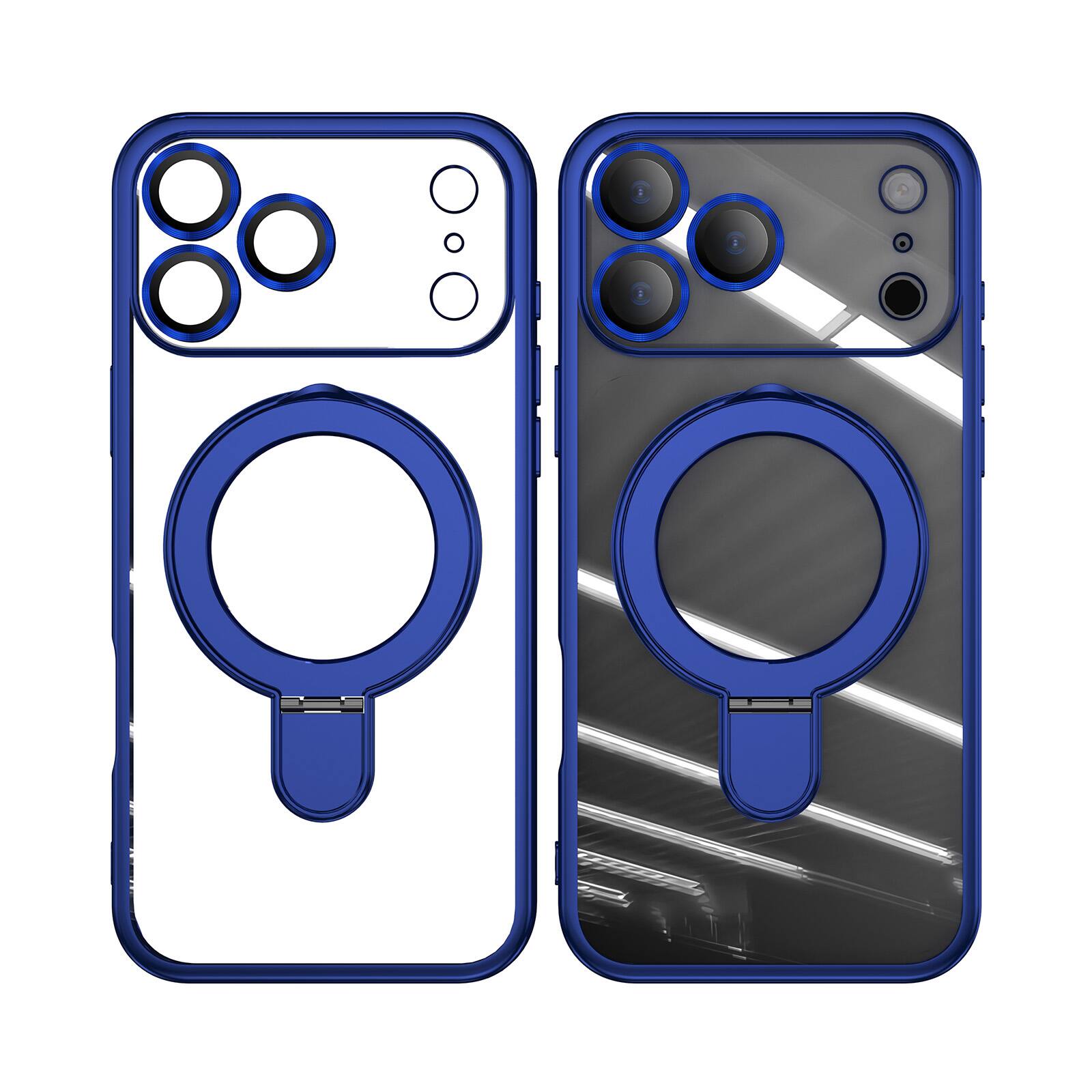 Left. Dteck - Dteck MagSafe Compatible Case for Apple iPhone 17 Pro Max with Plating Ring Stand Lens Protection Cover - Darkblue.