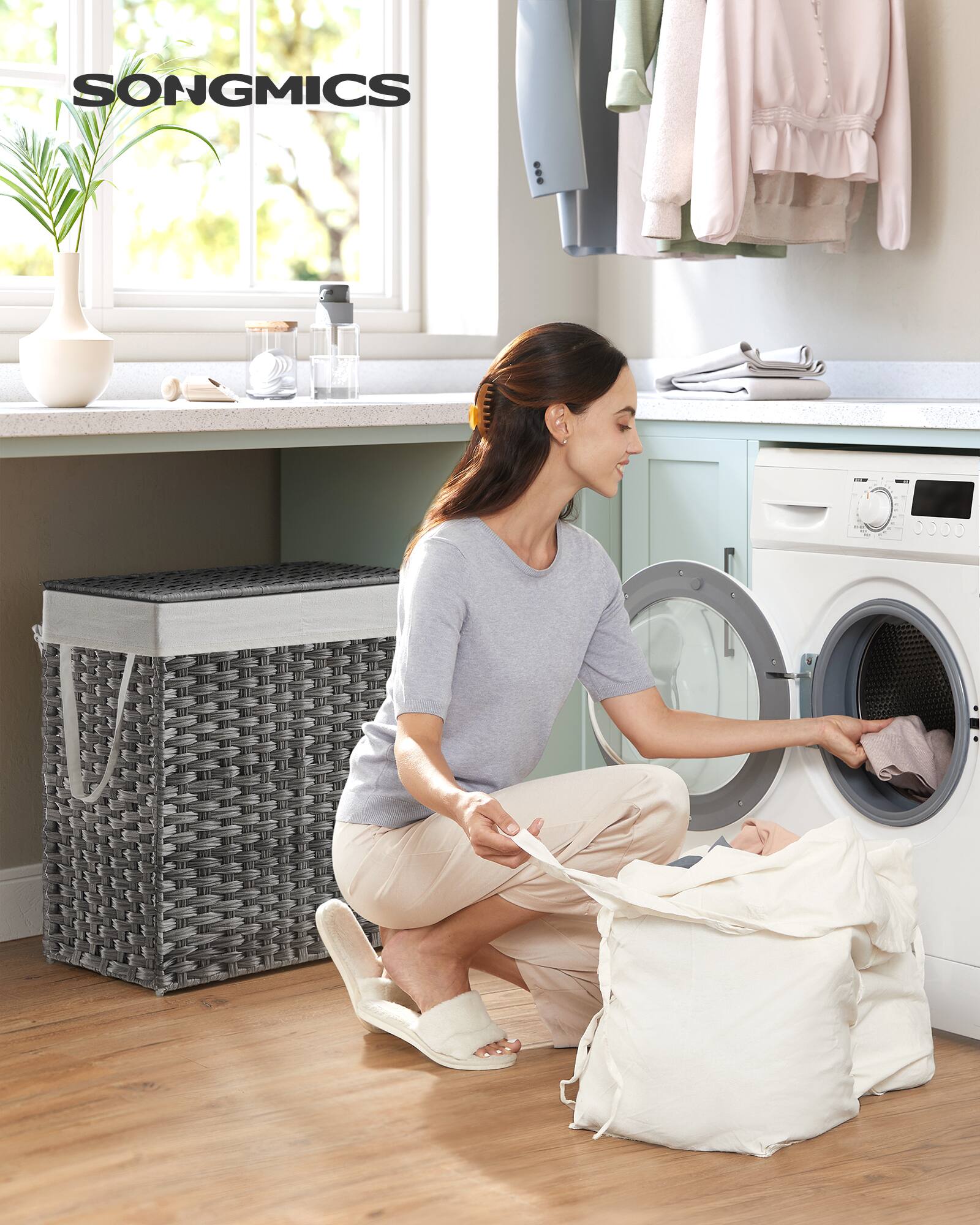 Angle. Songmics Home - Laundry Hamper with Lid, 110L Clothes Hamper with 2 Removable Liner Bags, 6 Mesh Bags, Wicker Laundry Basket - Gray.