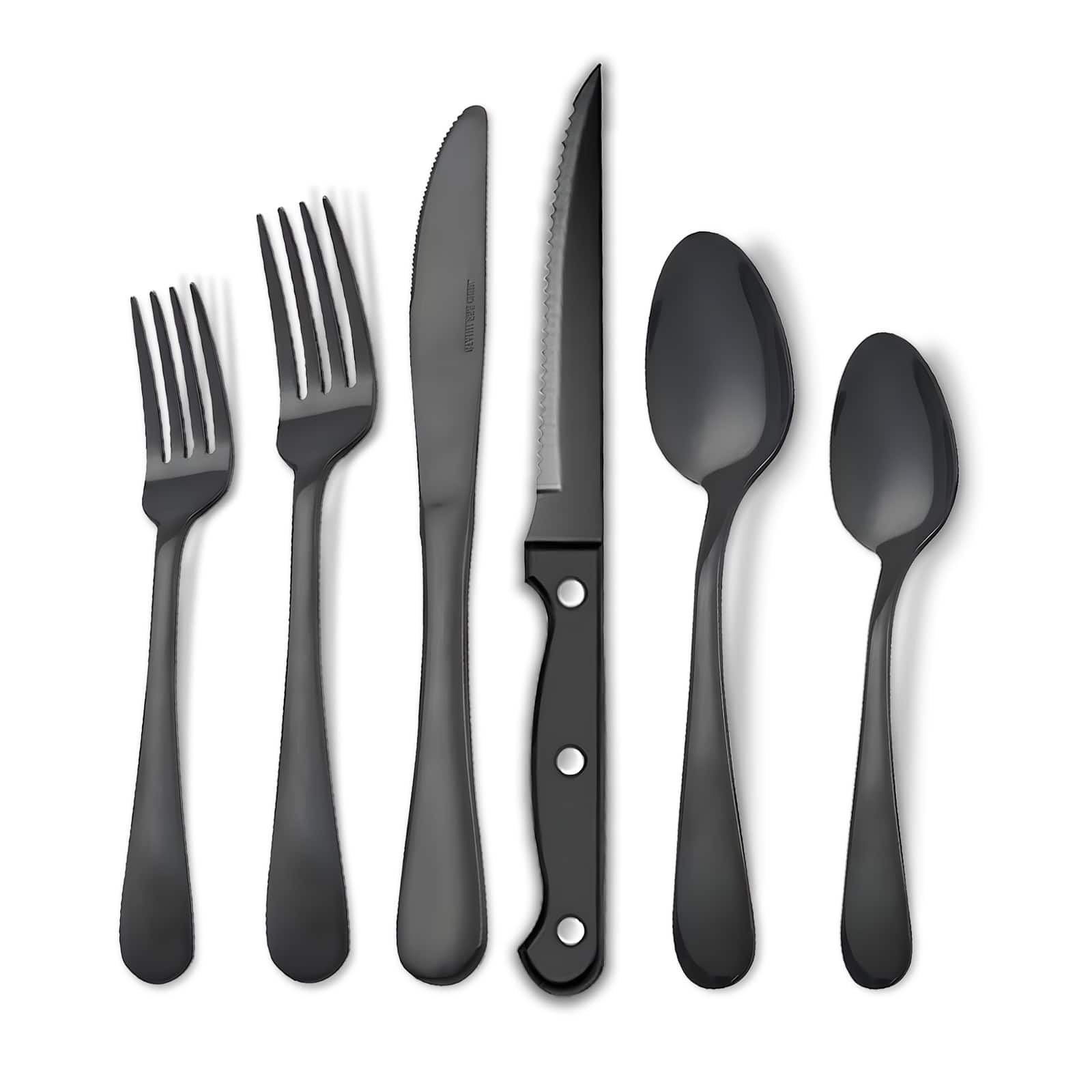 KOOMADE - 24/48PCS Flatware Set Steak Knives Kitchen Utensils and Cutlery of High Quality Construction - Black 24-Piece Set