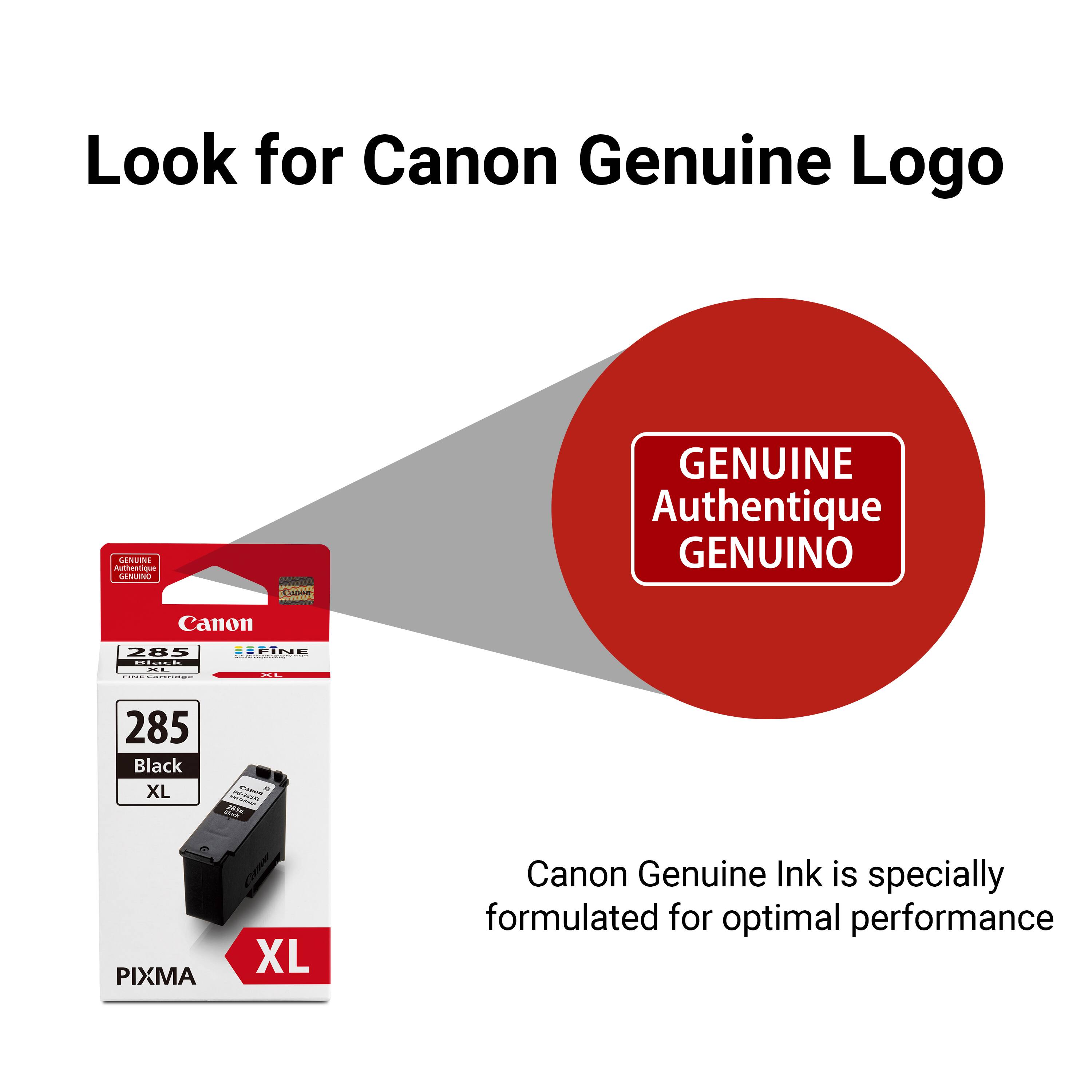 Look for Canon Genuine Logo. Canon 285 DInkR PIXMA XL is a genuine Canon product. Canon Genuine Ink is specially formulated for optimal performance.