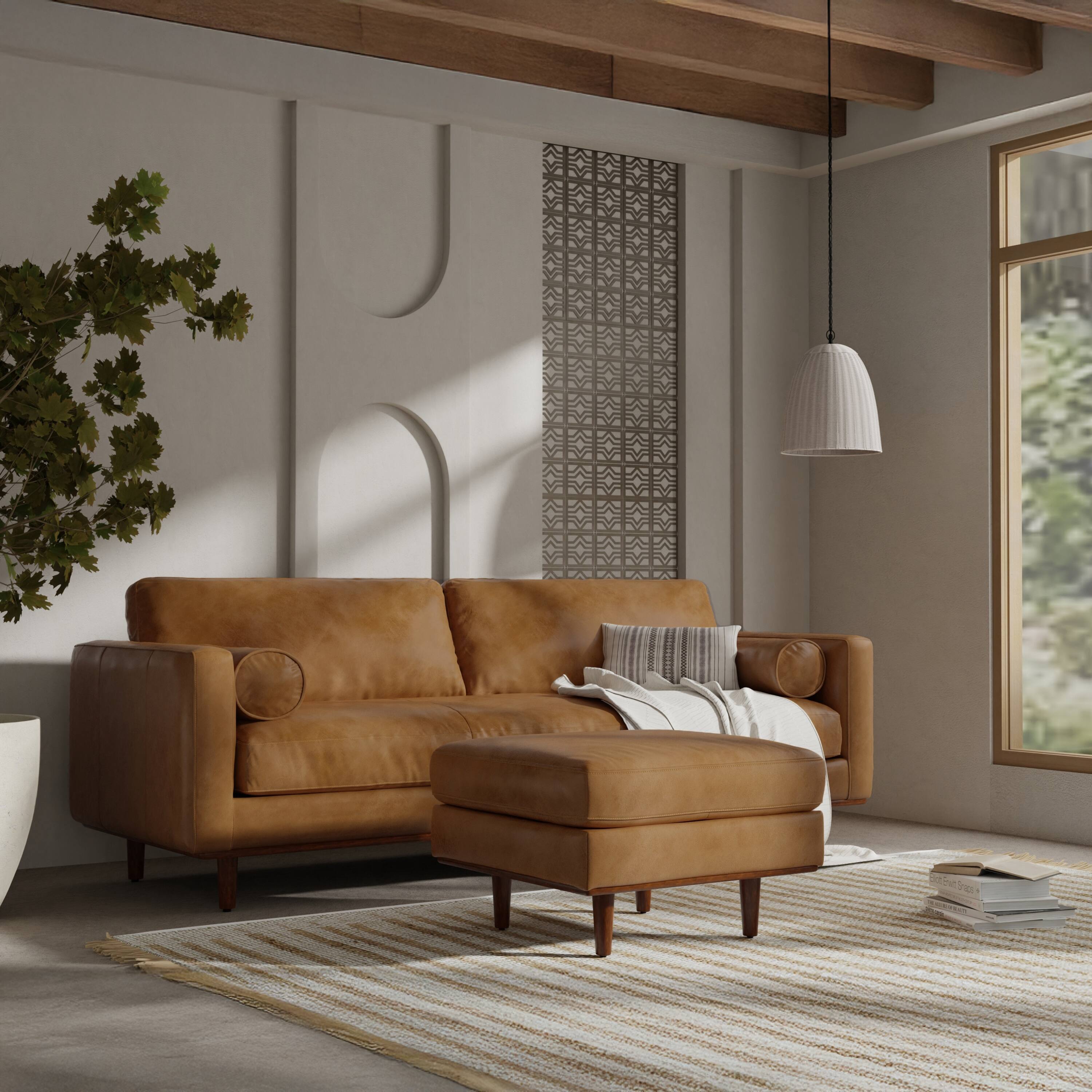 Back. Simpli Home - Morrison 89 inch Wide Mid-Century Modern Sofa in Sienna Top Grain Genuine Leather - Sienna.