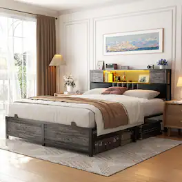 Aheaplus - Modern Bed Frame: Power Outlet & LED Lights, Headboard Storage, Quiet Support - Black Oak