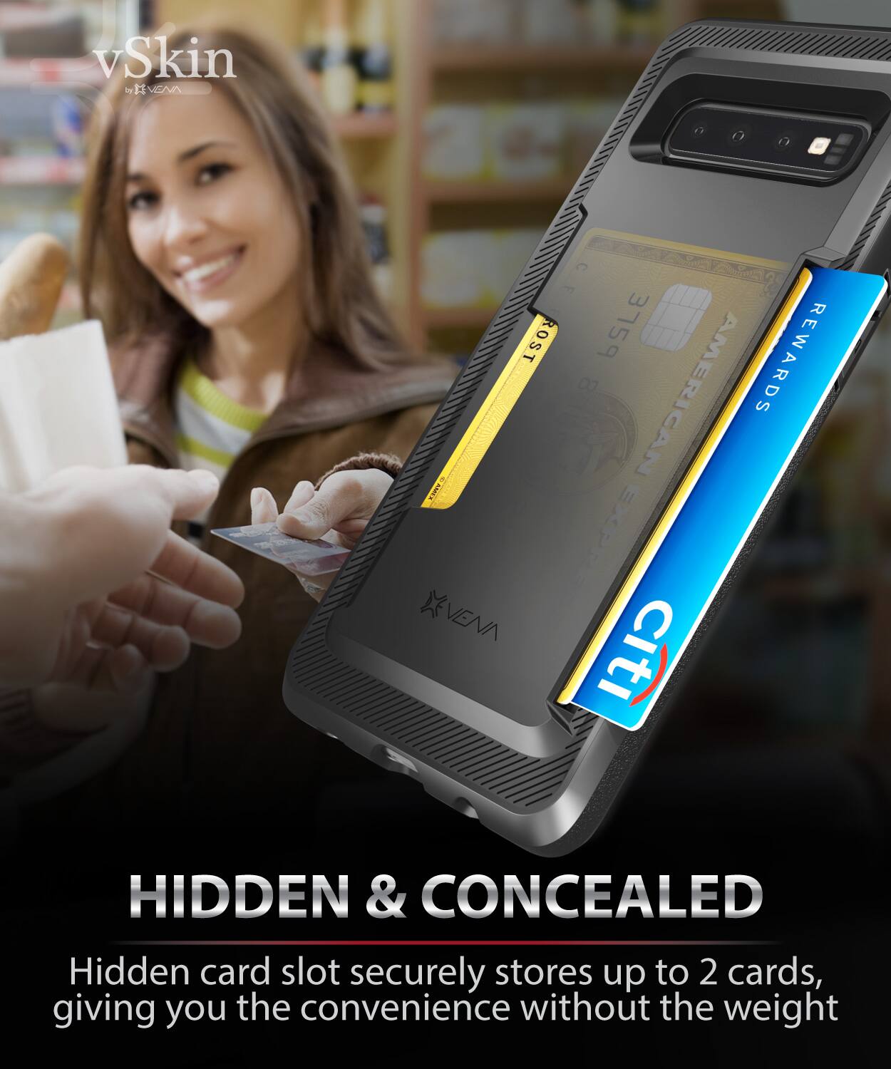 vSkin b I EAA  Vo - ROST 3759 REWARDS 8 AMERICAN 8a CAMI EXSP NENN citi HIDDEN & CONCEALED Hidden card slot securely stores up to 2 cards, giving you the convenience without the weight