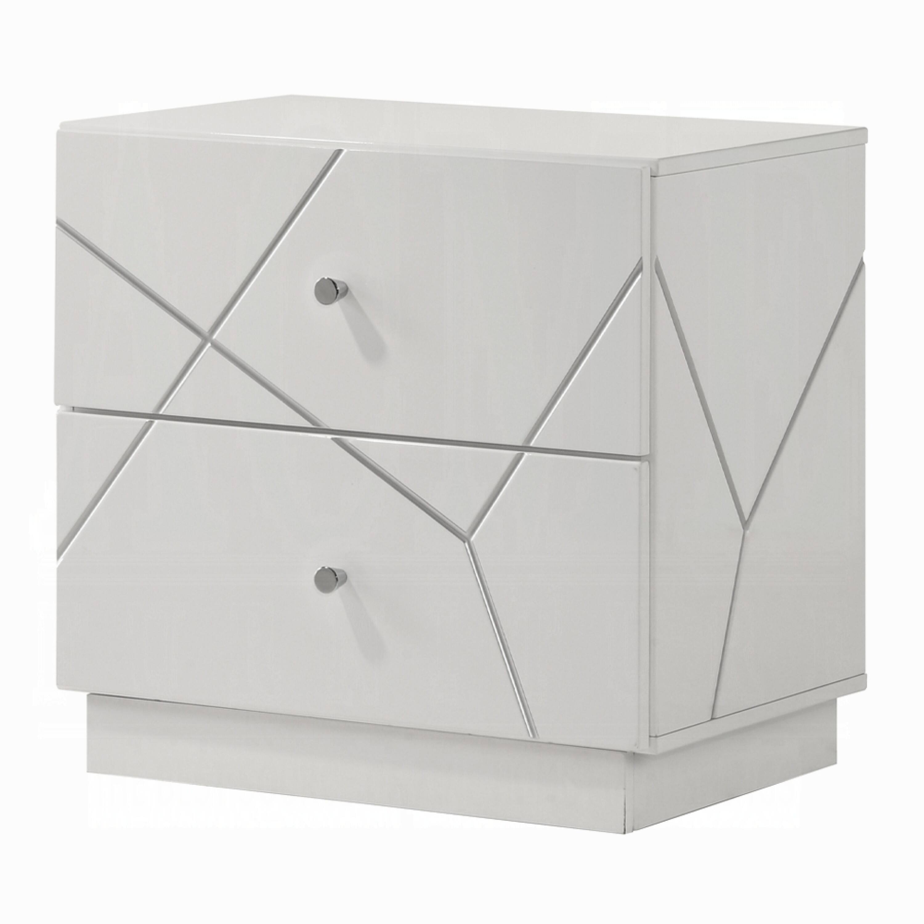 Front. Manhattan Lane - Esy Nightstand, 2 Drawers with Crystal Knobs, Carved Pattern - High Gloss White, Silver.