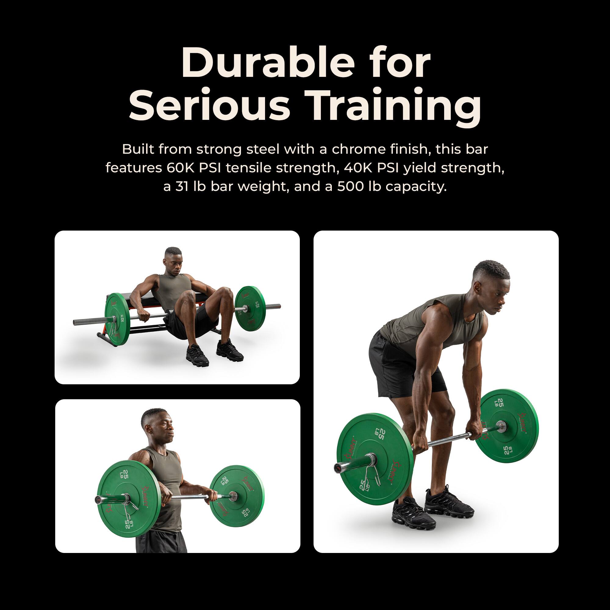 Durable for Serious Training

Built from strong steel with a chrome finish, this bar features 60K PSI tensile strength, 40K PSI yield strength, a 31 lb bar weight, and a 500 lb capacity.