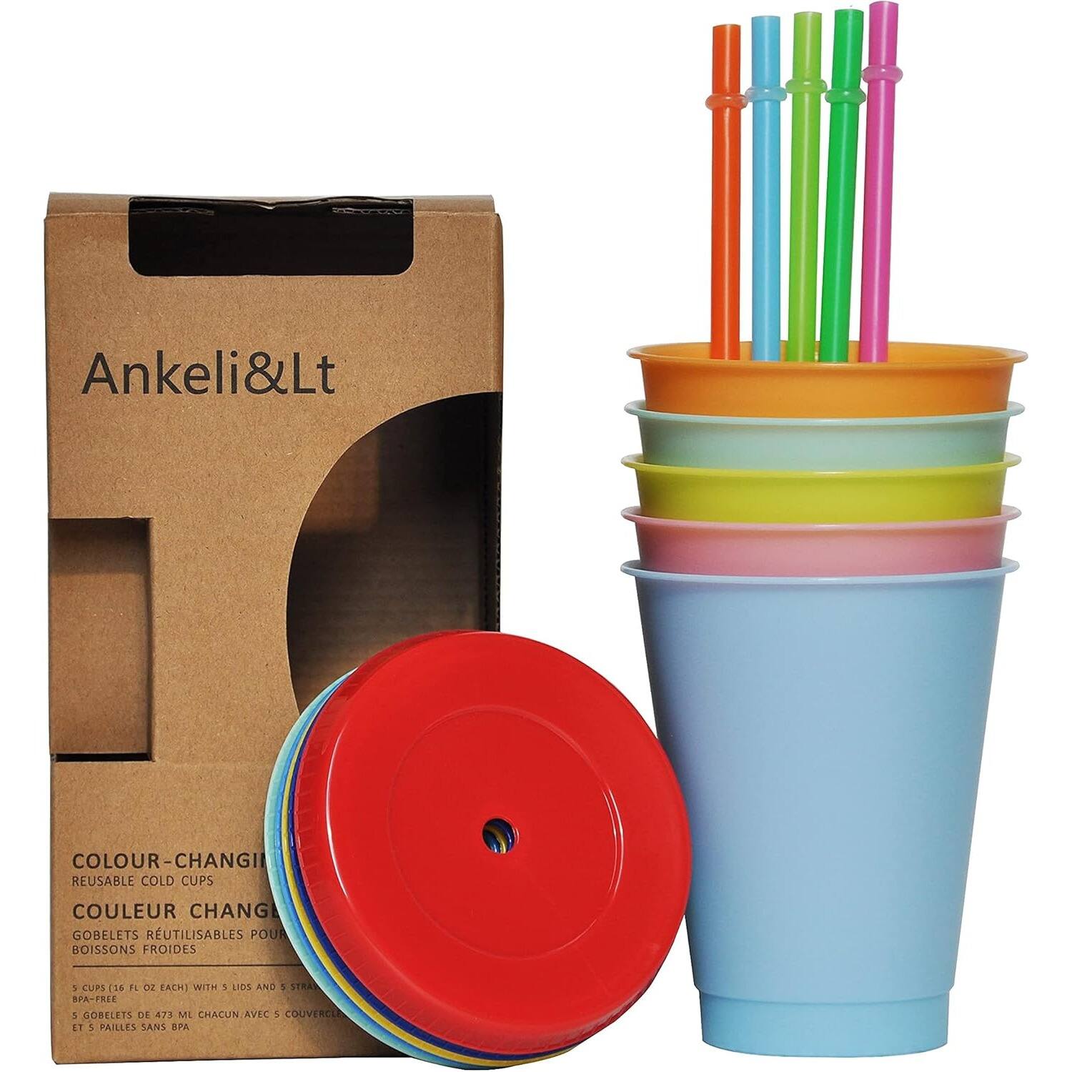 Ankeli&Lt Colour-Changing Reusable Cold Cups (COULEUR CHANGANTE) - 5 Cups (16 oz each) with 5 Lids and 5 Straws (473 ml each) - BPA-Free