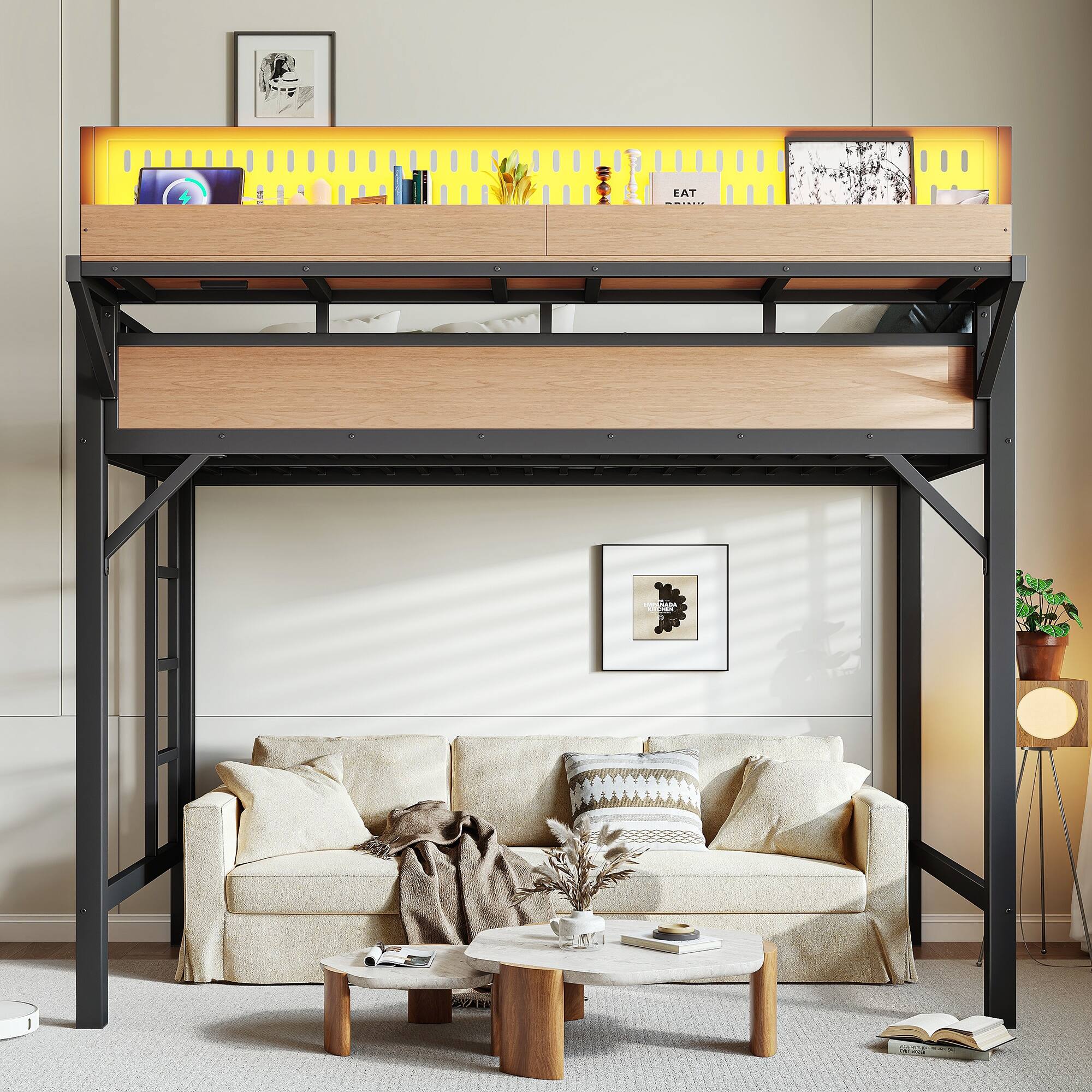Alt View 1. Boyel Living - Twin XL Size Loft Bed Frame with Storage Shelves and Pegboard Metal Loft Bed - Black.