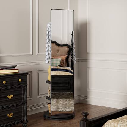 Front. PexFix - Full Length Mirror with Hooks, 66" Rotating Floor Mirror, Solid Wood Coat Rack for Bedroom & Entryway - Black.