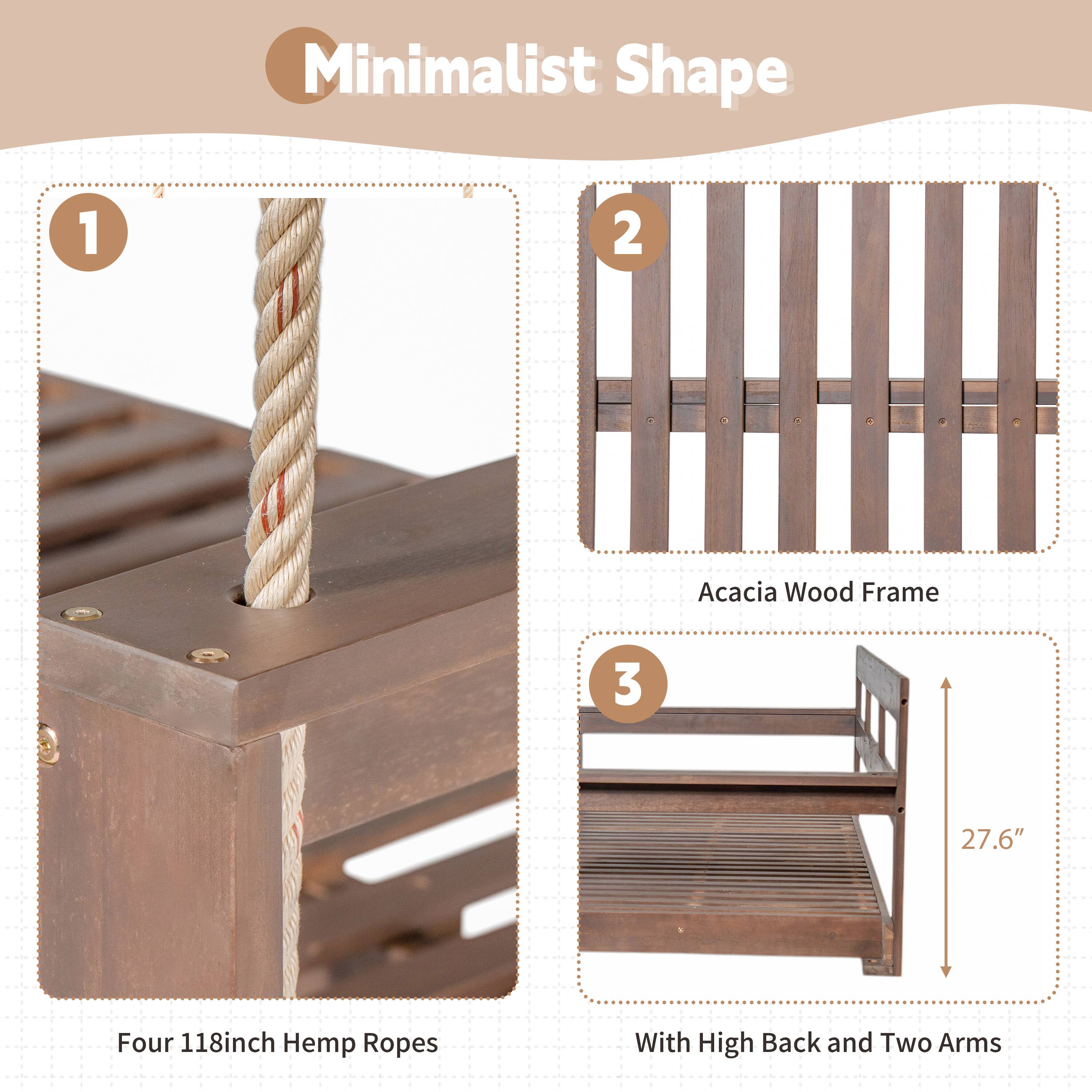 Minimalist Shape

1. Four 118inch Hemp Ropes

2. Acacia Wood Frame

3. With High Back and Two Arms

27.6"