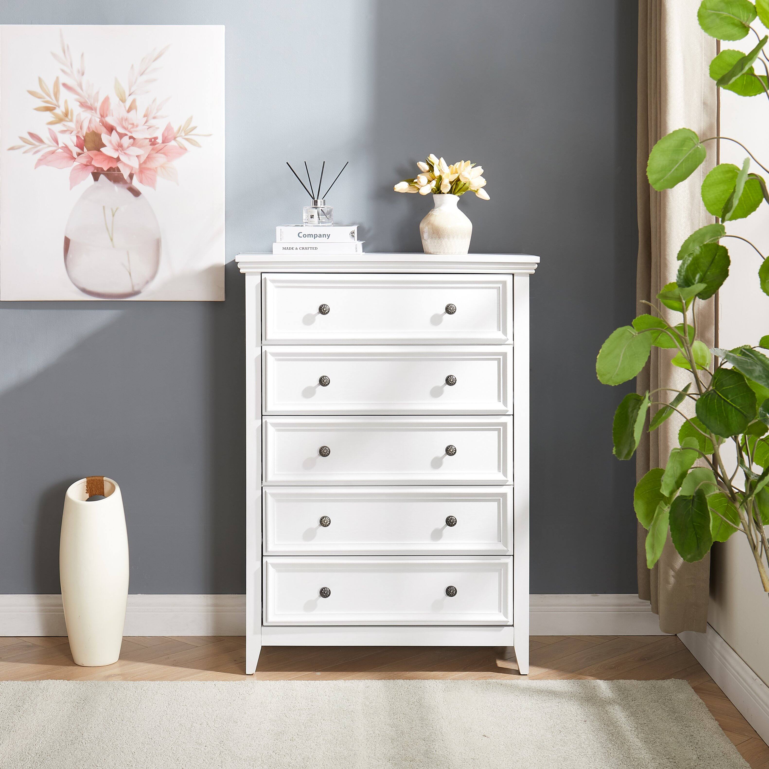 Angle. GOODSILO - 5 Drawer Dresser - Modern Chest of Drawers for Bedroom, Living Room, Closet Storage - White.