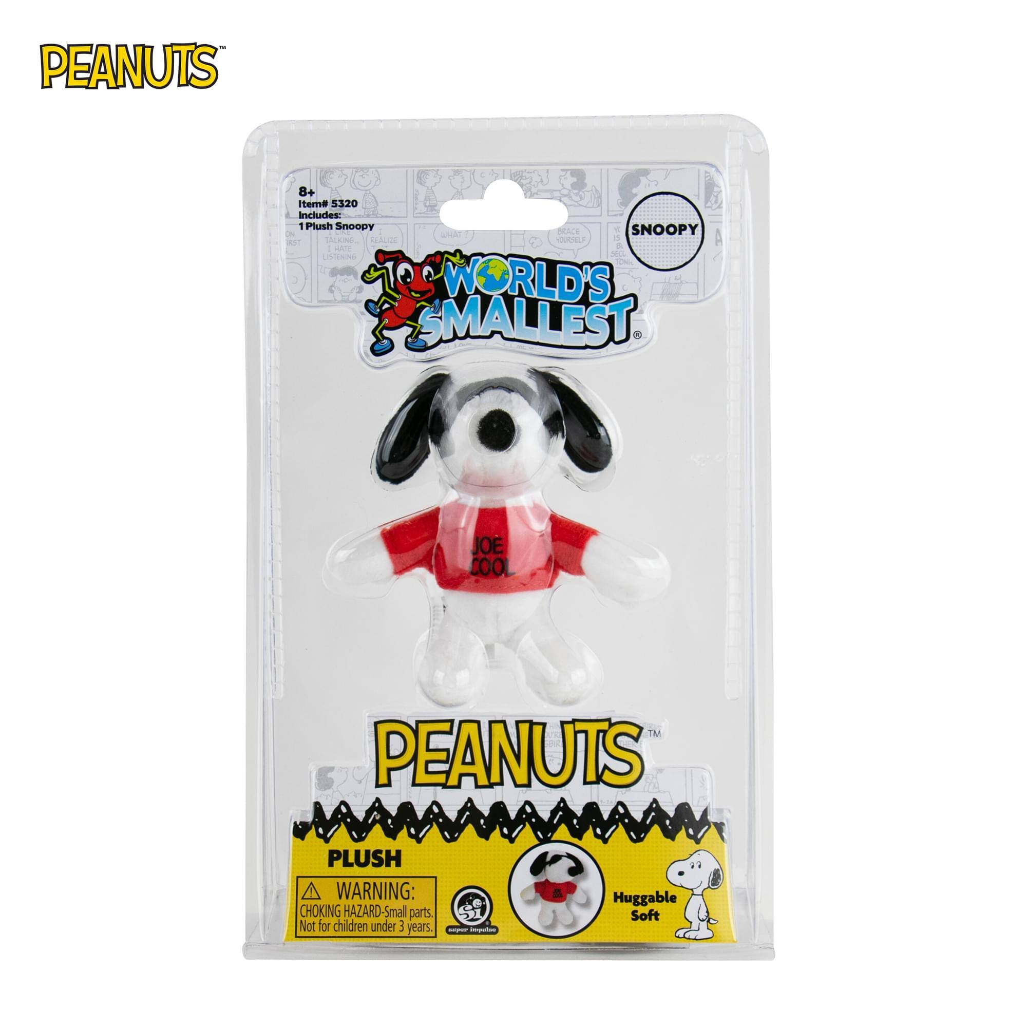 PEANUTS 8+ tema 320  
Includes:  
1 Flush Snoopy  
SNOOPY - N WHAET BRACE - SACKI REAUZE REU 1 - LISTEKING & 1 WORLD'S SMALLEST JOE COOL M PEANUTS PLUSH  
WARNING: CHOKING HAZARD - Small parts. Not for children under 3 years.  
Huggable Soft