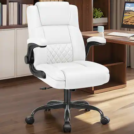 Front. Brick Attic - Executive Leather Office Chair with Adjustable Flip-up Arms and Lumbar Support,Adjustable Hight Swivel Desk Chair - White.