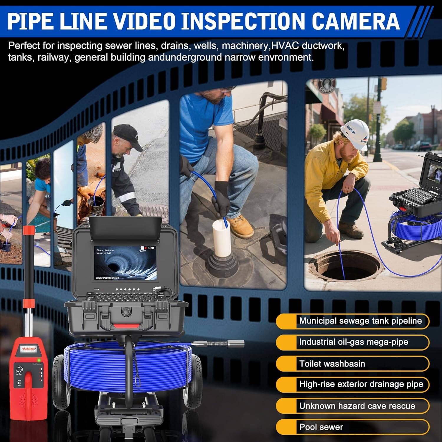 Back. Aukfa - Sewer Camera with Locator - 10" HD Borescope, Self-Leveling, IP68, 250Ft 7MM Cable, DVR, 32GB.