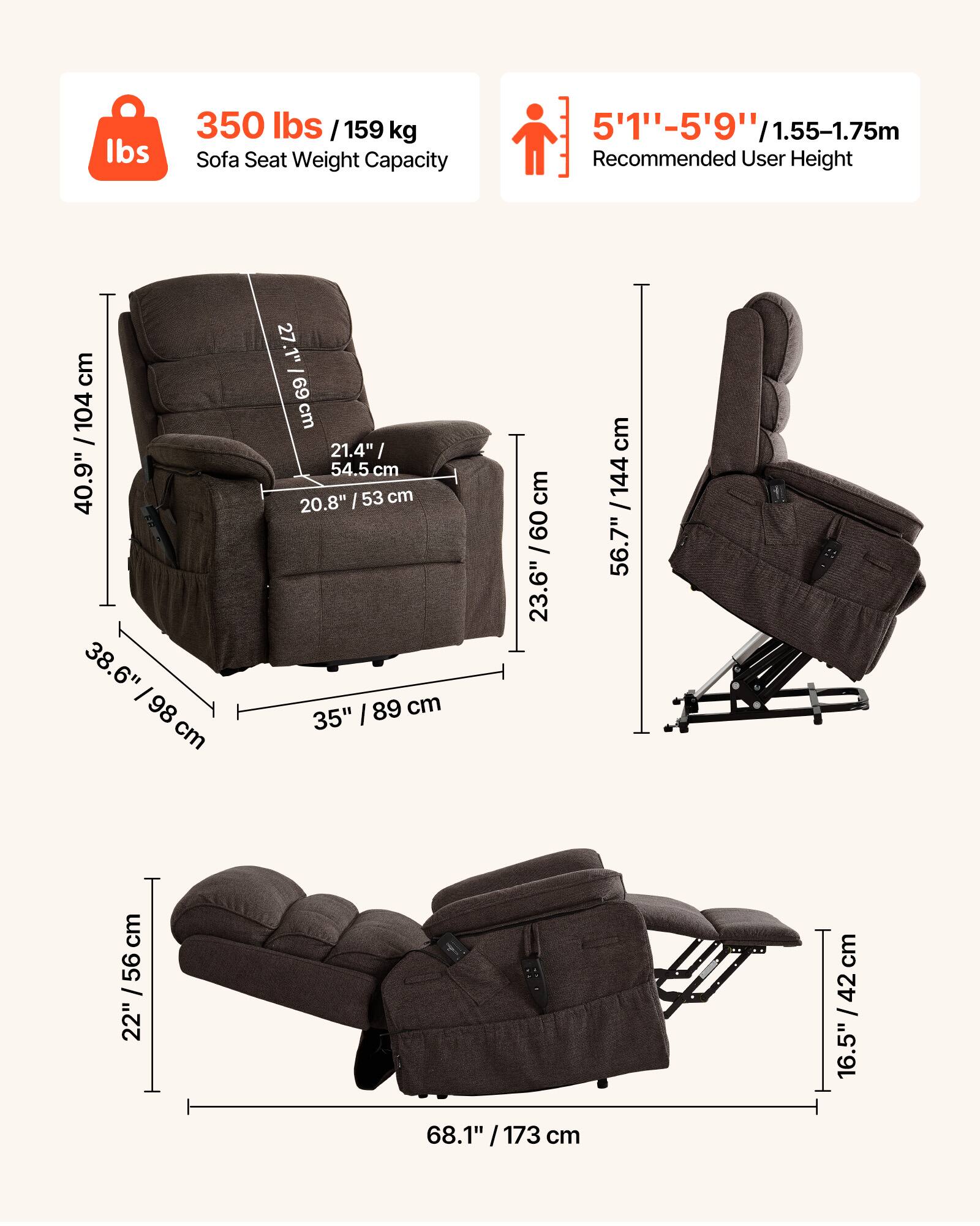 350 lbs / 159 kg  
Sofa Seat Weight Capacity

5'1" - 5'9" / 1.55 - 1.75m  
Recommended User Height

40.9" / 104 cm  
38.6" / 98 cm  
21.4" / 54.5 cm  
20.8" / 53 cm  
35" / 89 cm  
23.6" / 60 cm  
56.7" / 144 cm  
22" / 56 cm  
68.1" / 173 cm  
16.5" / 42 cm