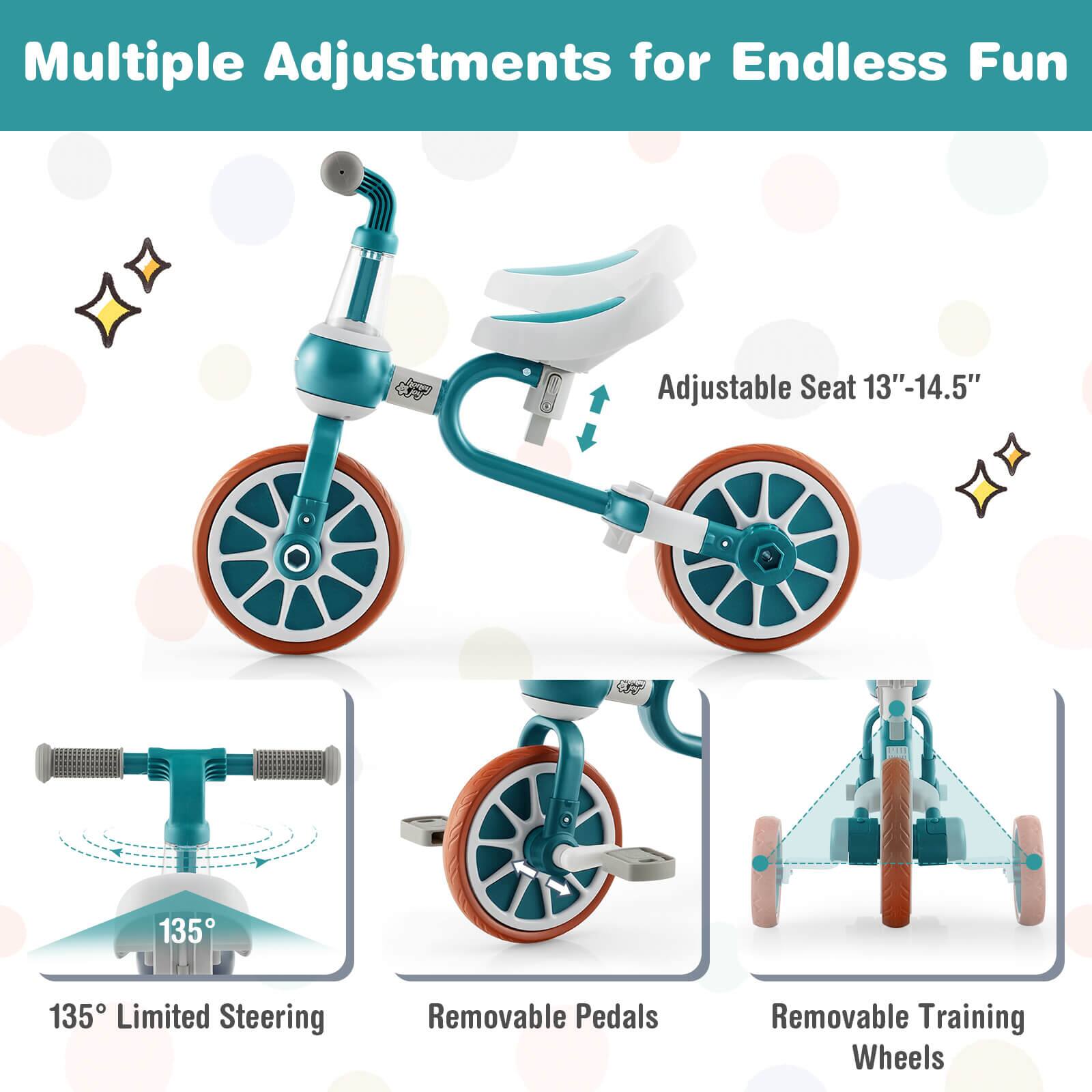 Multiple Adjustments for Endless Fun

- Adjustable Seat 13"-14.5"
- 135° Limited Steering
- Removable Pedals
- Removable Training Wheels