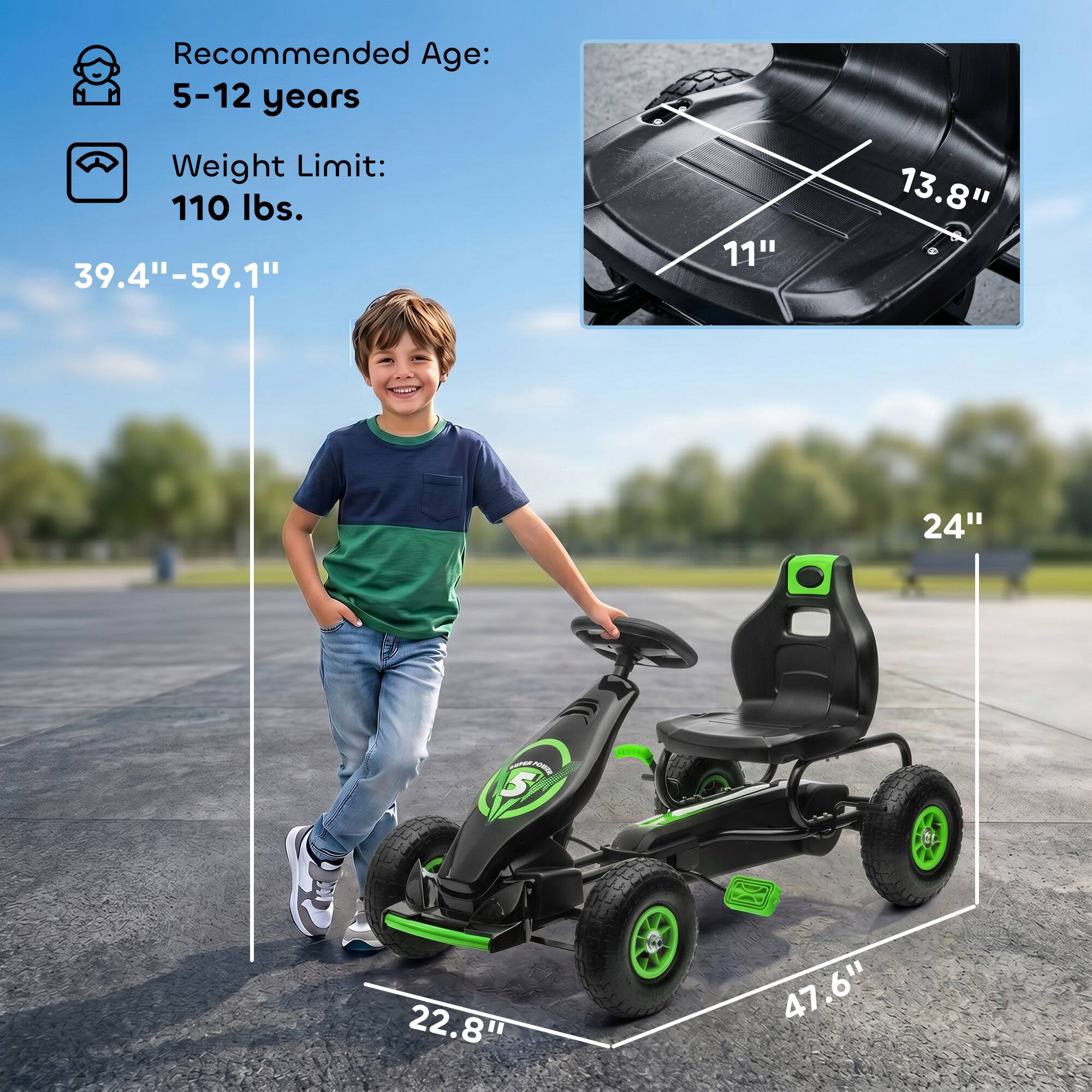 Recommended Age: 5-12 years  
Weight Limit: 110 lbs.  
39.4" - 59.1"  
11"  
13.8"  
24"  
22.8"  
47.6"