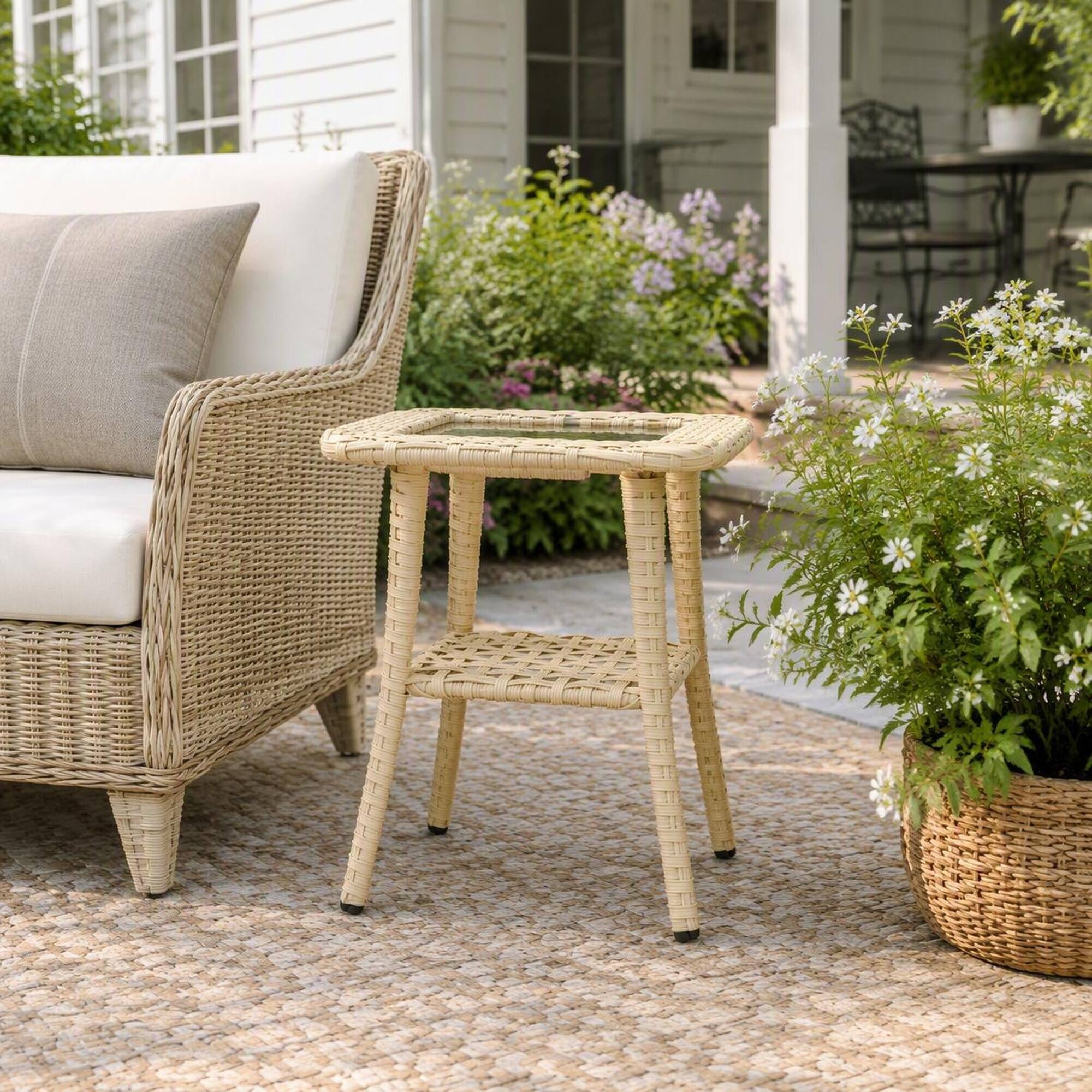 Back. RYHNUYNE - Outdoor 2-Tier Wicker Patio Side Table with Tempered Glass Top Storage Shelf,End Table for Balcony Garden Porch - Yellow.