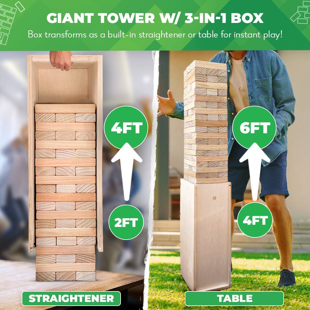GIANT TOWER W/ 3-IN-1 BOX  
Box transforms as a built-in straightener or table for instant play!  
4FT 6FT 2FT 4FT  
STRAIGHTENER TABLE