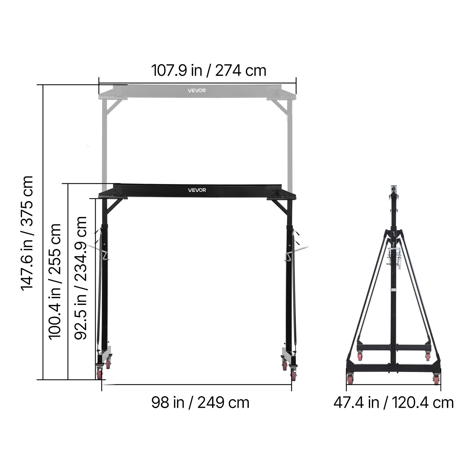 107.9 in / 274 cm  
VEVOR  
375 cm / 147.6 in  
255 cm / 100.4 in  
234.9 cm / 92.5 in  
98 in / 249 cm  
47.4 in / 120.4 cm