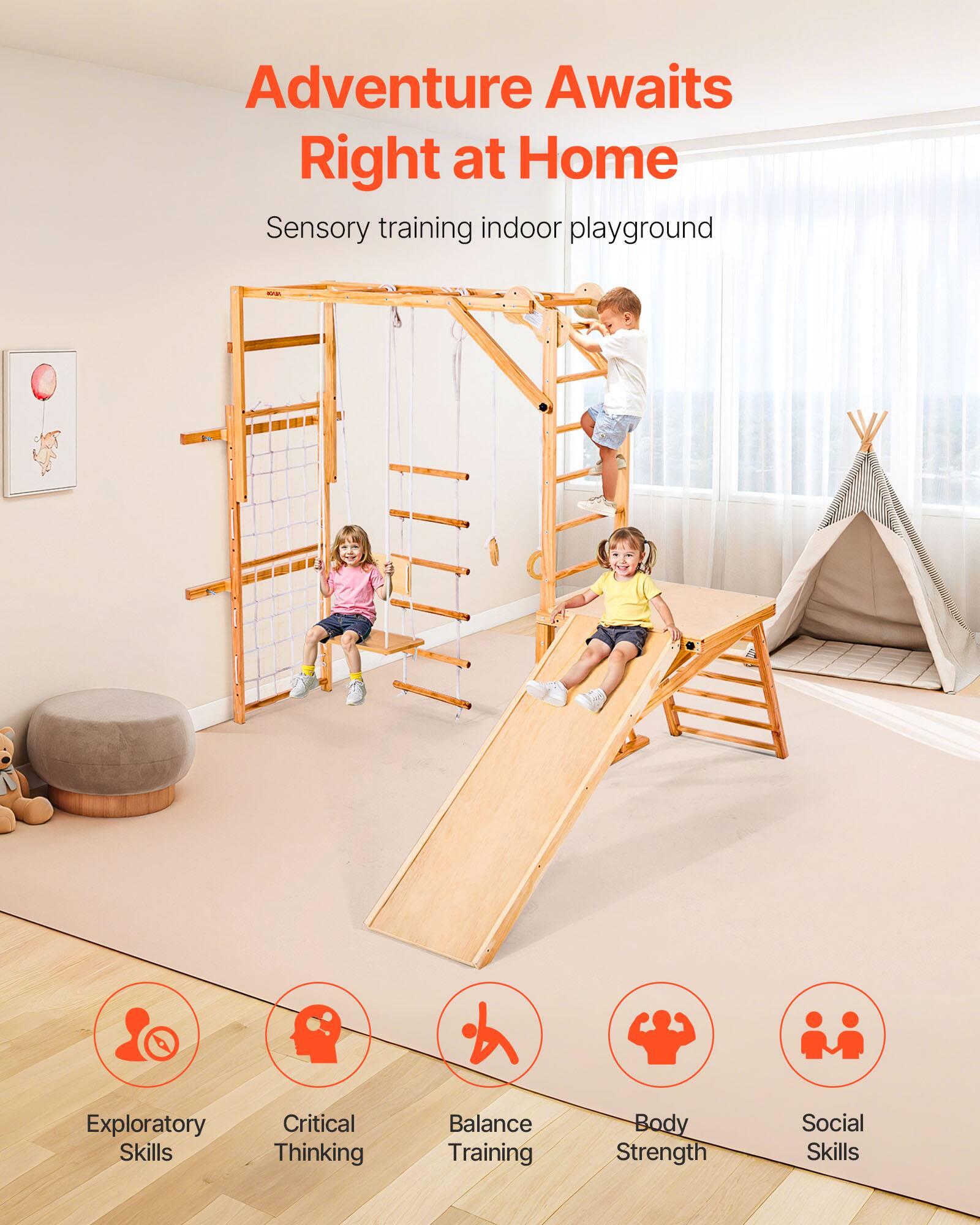 Adventure Awaits Right at Home  
Sensory training indoor playground  

- Exploratory Skills  
- Critical Thinking  
- Balance Training  
- Body Strength  
- Social Skills