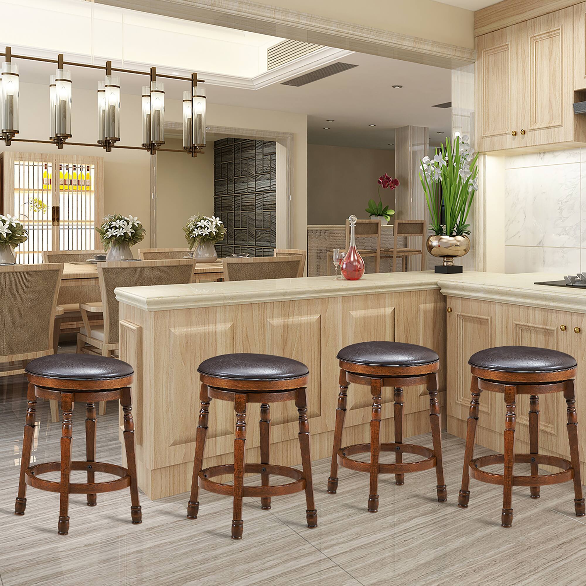 Alt View 1. Costway - Costway Set of 4 24" Swivel Bar Stool Leather Padded Dining Kitchen Pub Chair Backless - Walnut.