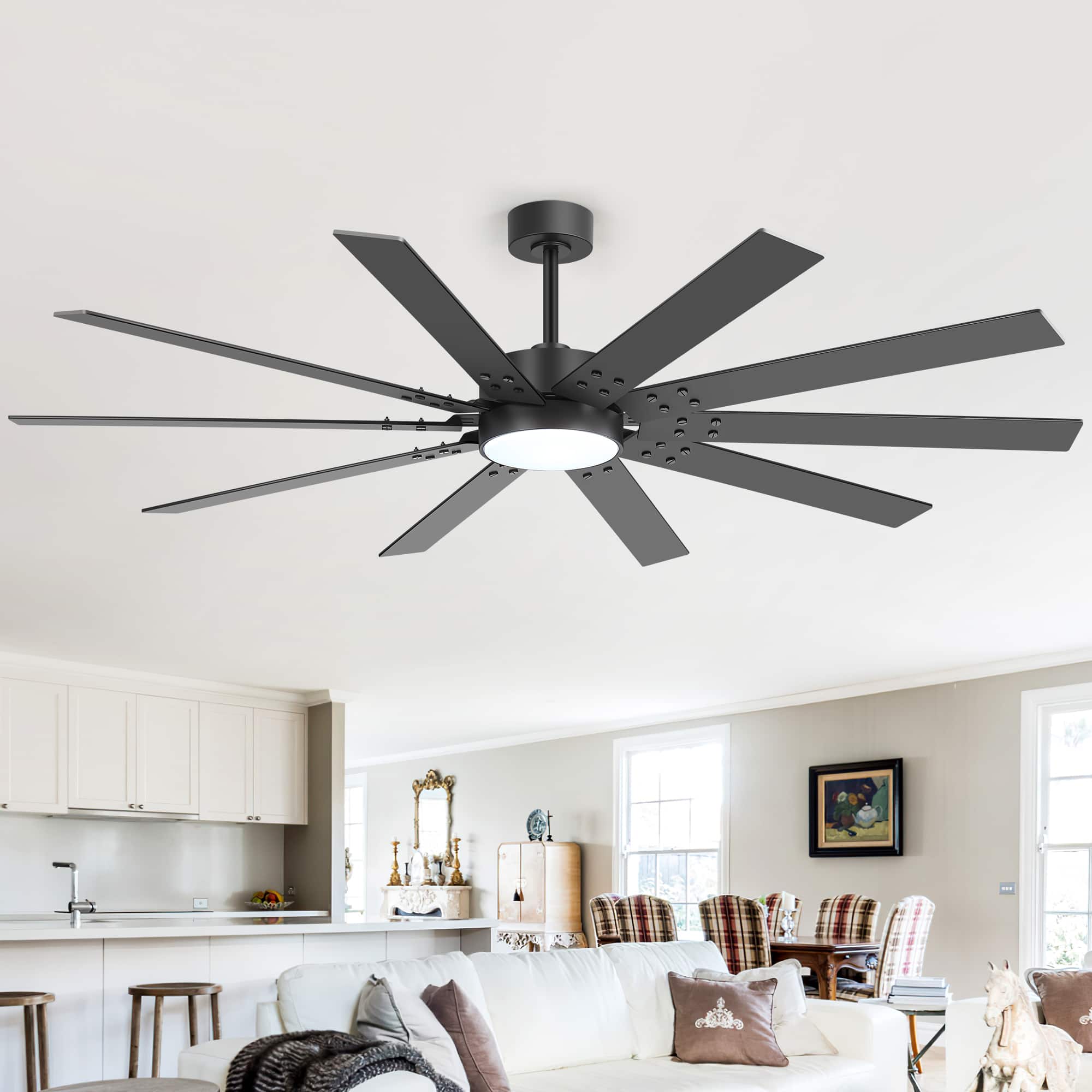 Breezary - 72-Inch Large Ceiling Fan with Dimmable LED Light, 10 Plywood Blades, DC Motor, Remote Control, Sloped Ceiling - Black & Walnut