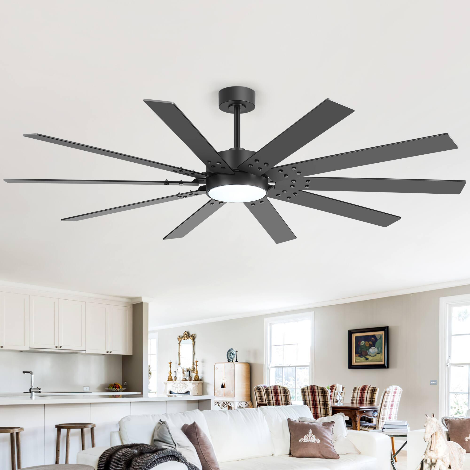 Front. Breezary - 72-Inch Large Ceiling Fan with Dimmable LED Light, 10 Plywood Blades, DC Motor, Remote Control, Sloped Ceiling - Black & Walnut.