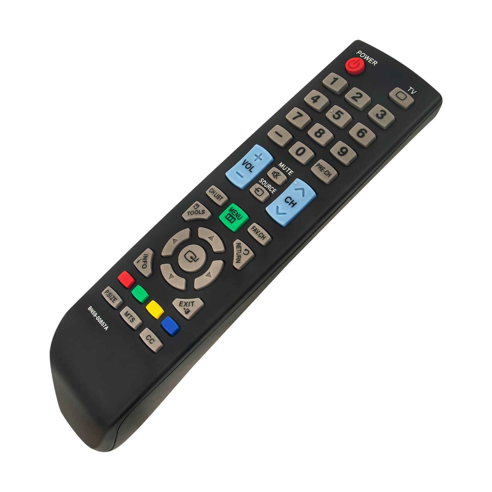 INFO P.SIZE BN59-00857A MTS cc POWER 1 O TV 4 2 7 5 3 - 8 6 + 0 9 VOL MUTE PRE -  CH CHLIST  SOURCE CH TOOLS MENU  FAV.CH EXIT