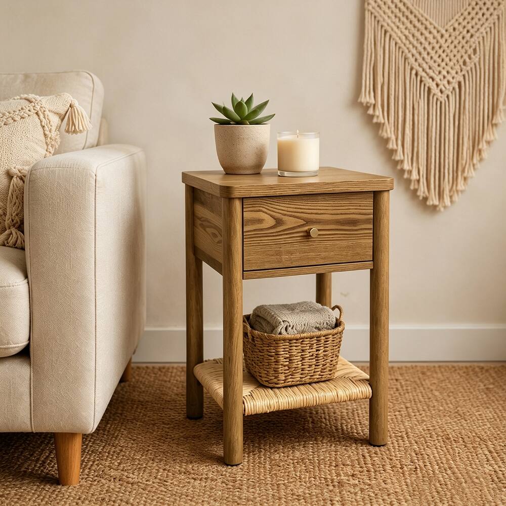 Front. Loheer - Loheer Walnut Nightstand Solid Wood End Table with Drawer Jute Shelf Rounded Edge Bedside Table for Bedroom Living Room - Walnut.