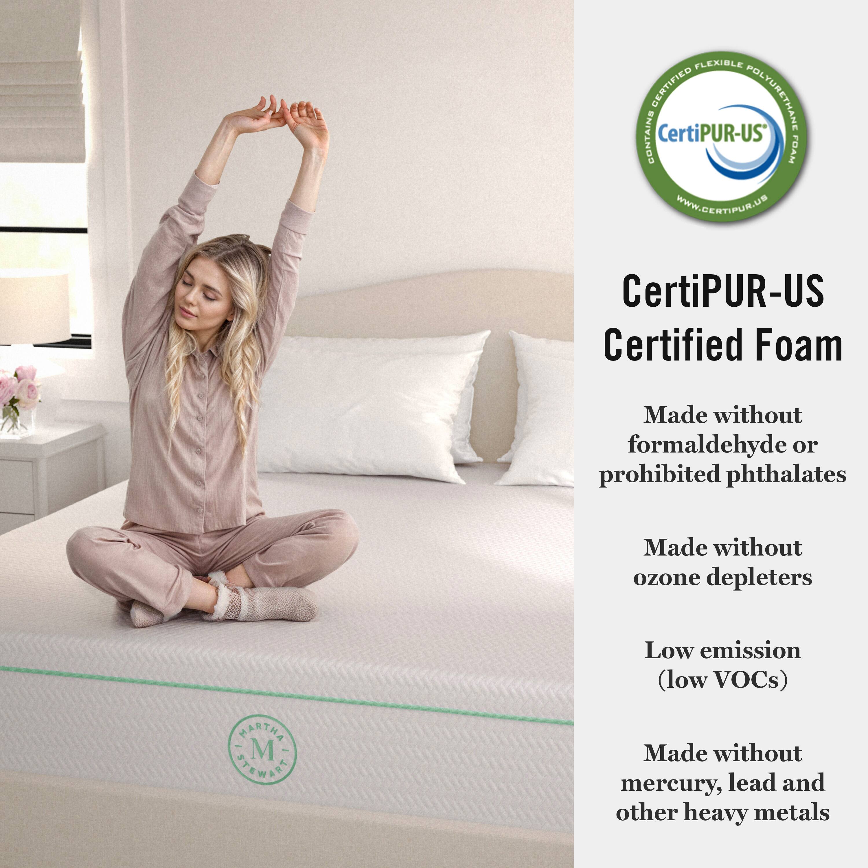 The text on the image is already grouped and correctly states that the foam contains CertiPUR-US certified foam, which is made without formaldehyde or prohibited phthalates, ozone depleters, and low emission (low VOCs). Additionally, the foam is made without mercury, lead, and other heavy metals.